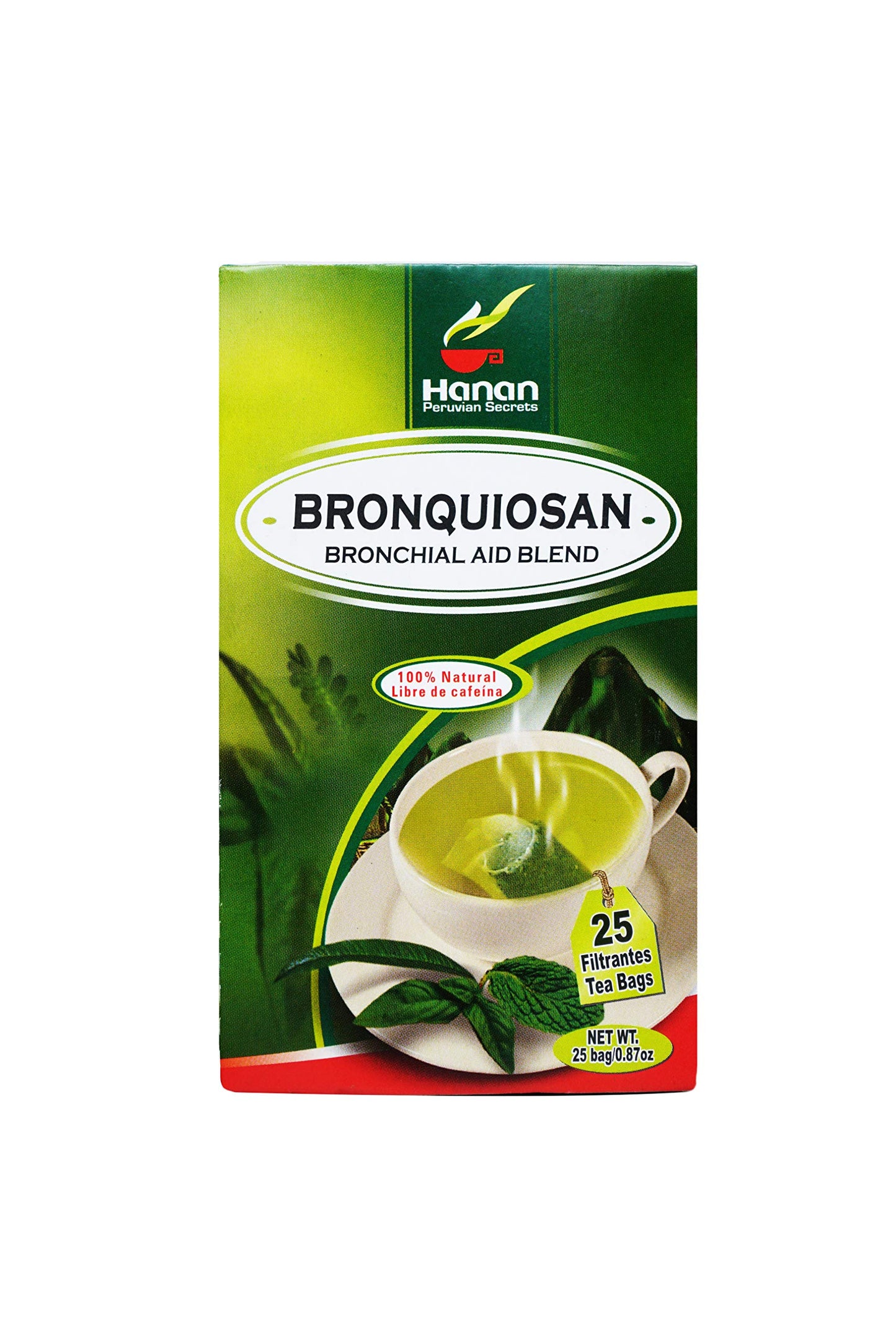 Hanan Peruvian Secrets Bronquiosan Herbal Tea | 100% Natural Bronchial Aid Blend | 25 Tea Bags | Naturally Aids in Soothing the Throat and Alleviating