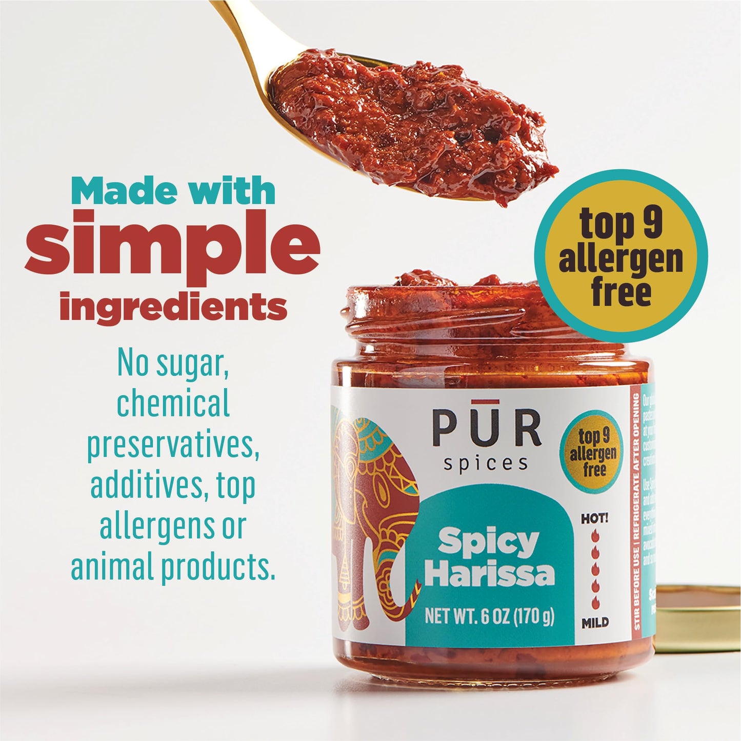 PUR Spices Original Spicy Harissa Paste I Hot Sauce for Cooking and Dipping I Spicy Chili Pepper and Garlic Paste | Middle Eastern Inspired | Plant