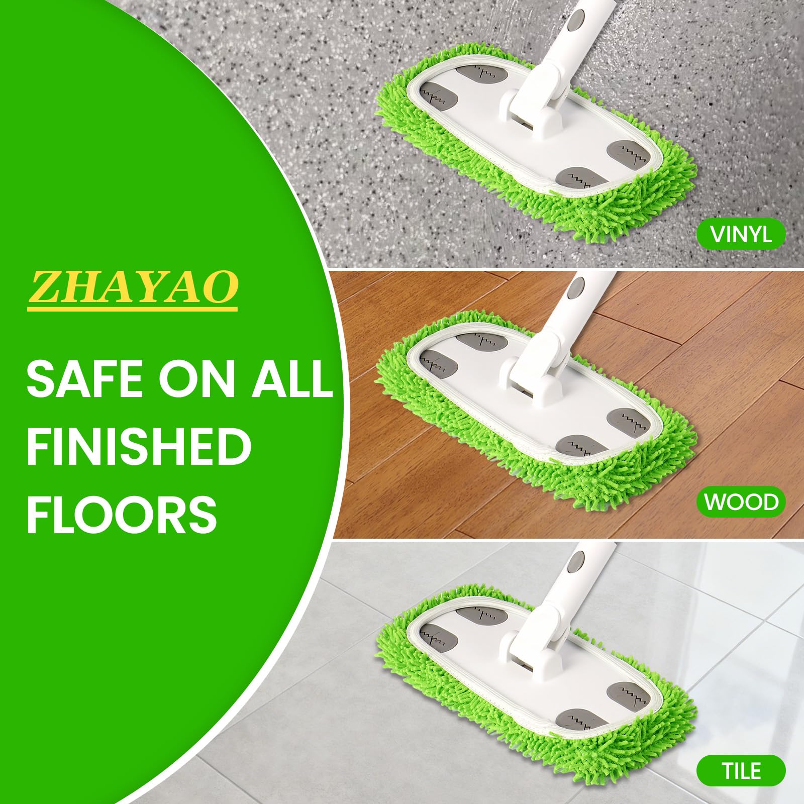 ZHAYAO Reusable Microfiber Floor Mop System, Wet & Dry Sweeper Kit, Includes 1 Sweeper Handle, 3 Washable Chenille Mop Pads, Dry & Wet Use