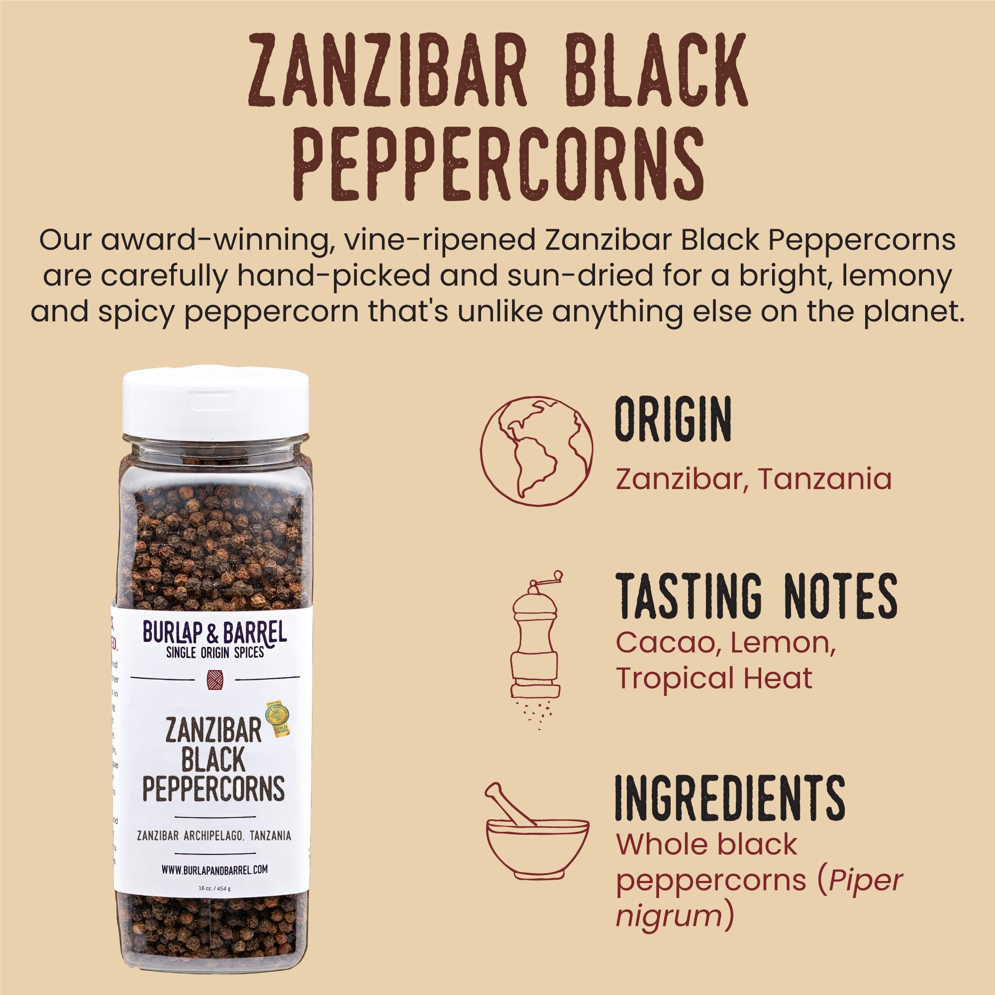 Burlap & Barrel Zanzibar Black Peppercorns - Award-Winning, Vine-Ripened Whole Peppercorns with Bright, Lemony, Spicy Flavor - As seen on Shark Tank
