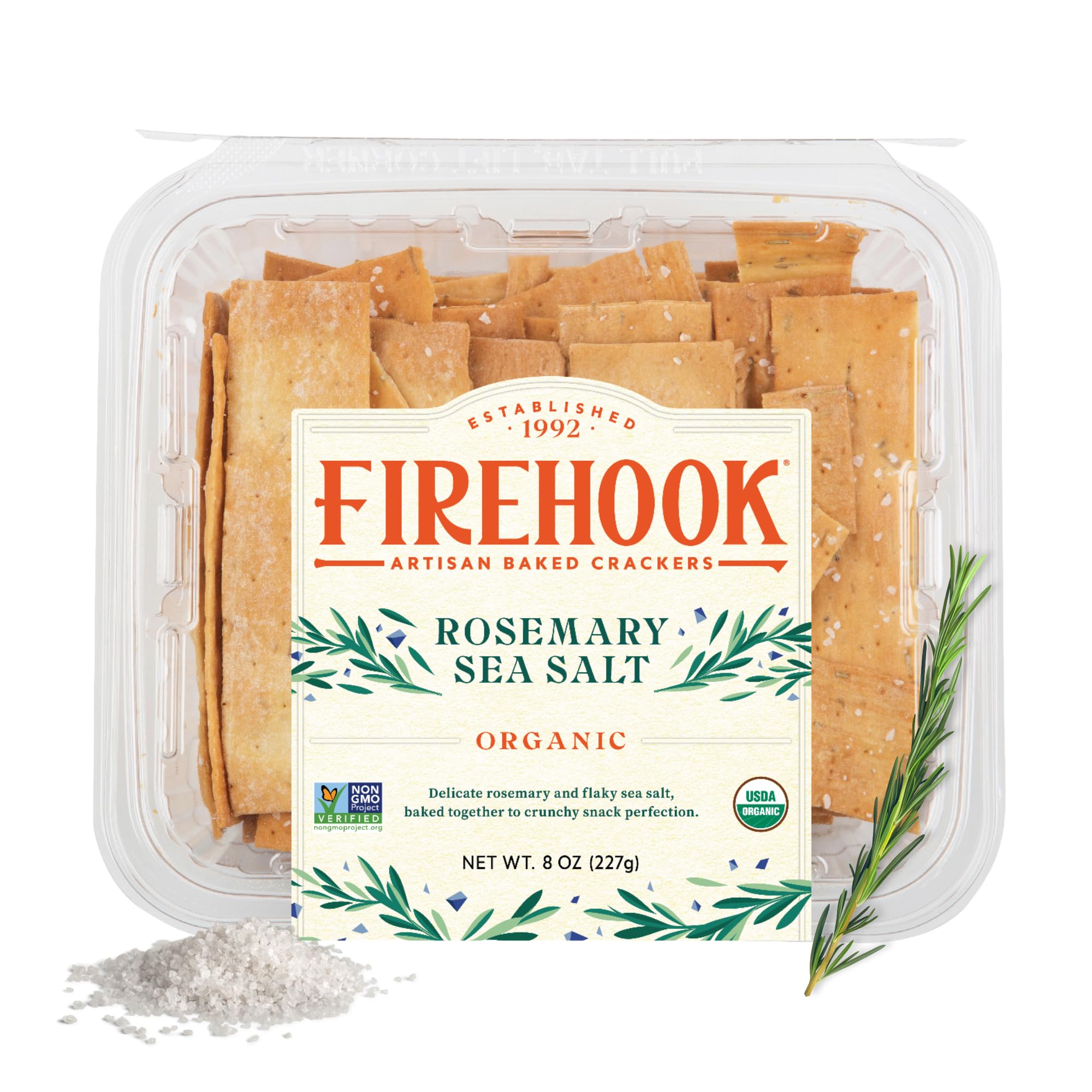 Firehook Rosemary Sea Salt Crackers - Artisan Baked, Craveably Crunchy - Organic, Non-GMO, Kosher - 8 oz Box