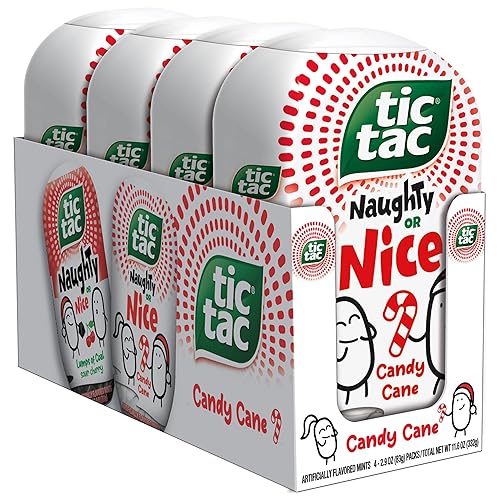 Tic Tac Naughty or Nice Candy Cane Mints, Hard Peppermint Mints, Stocking Stuffer, 4 pack, 2.9 oz each