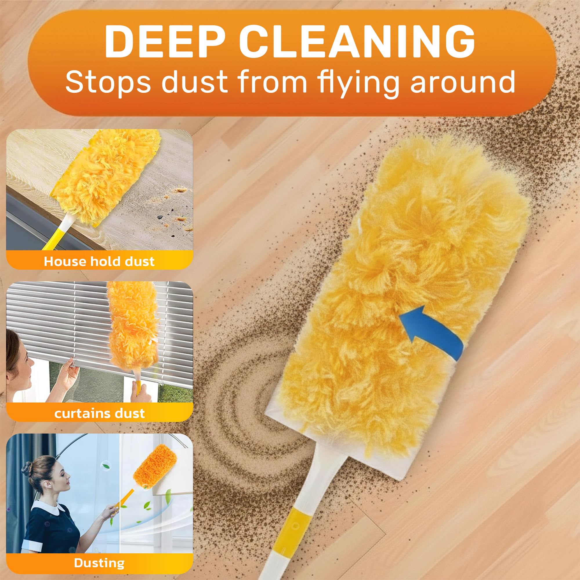 60 Pack Heavy Duty Duster Refills with Extendable 3FT Handle, Multi Surface 360 Disposable Dusters Kit for Cleaning Furniture, Blinds, Ceiling Fan