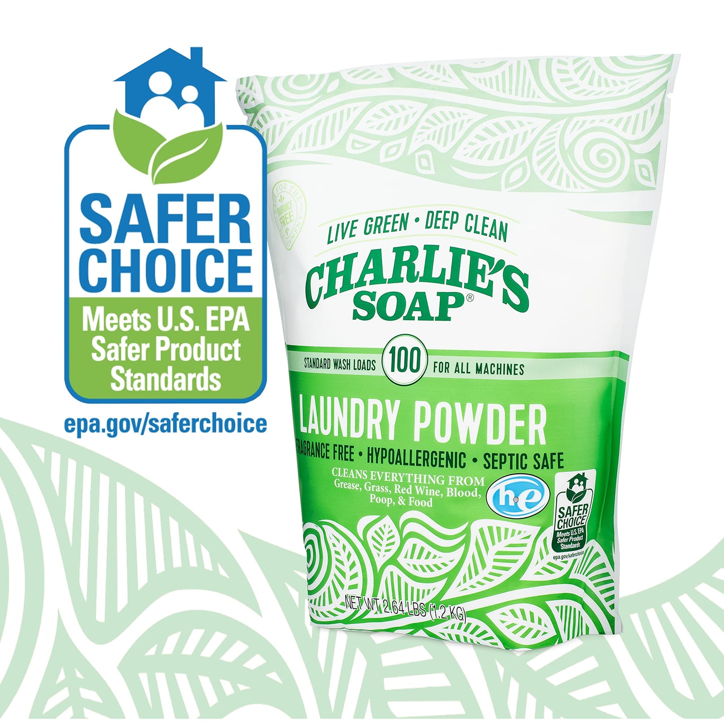 Charlie's Soap - Fragrance Free Laundry Powder - 100 Loads (Five 100-load Bags, 500 Total Loads)