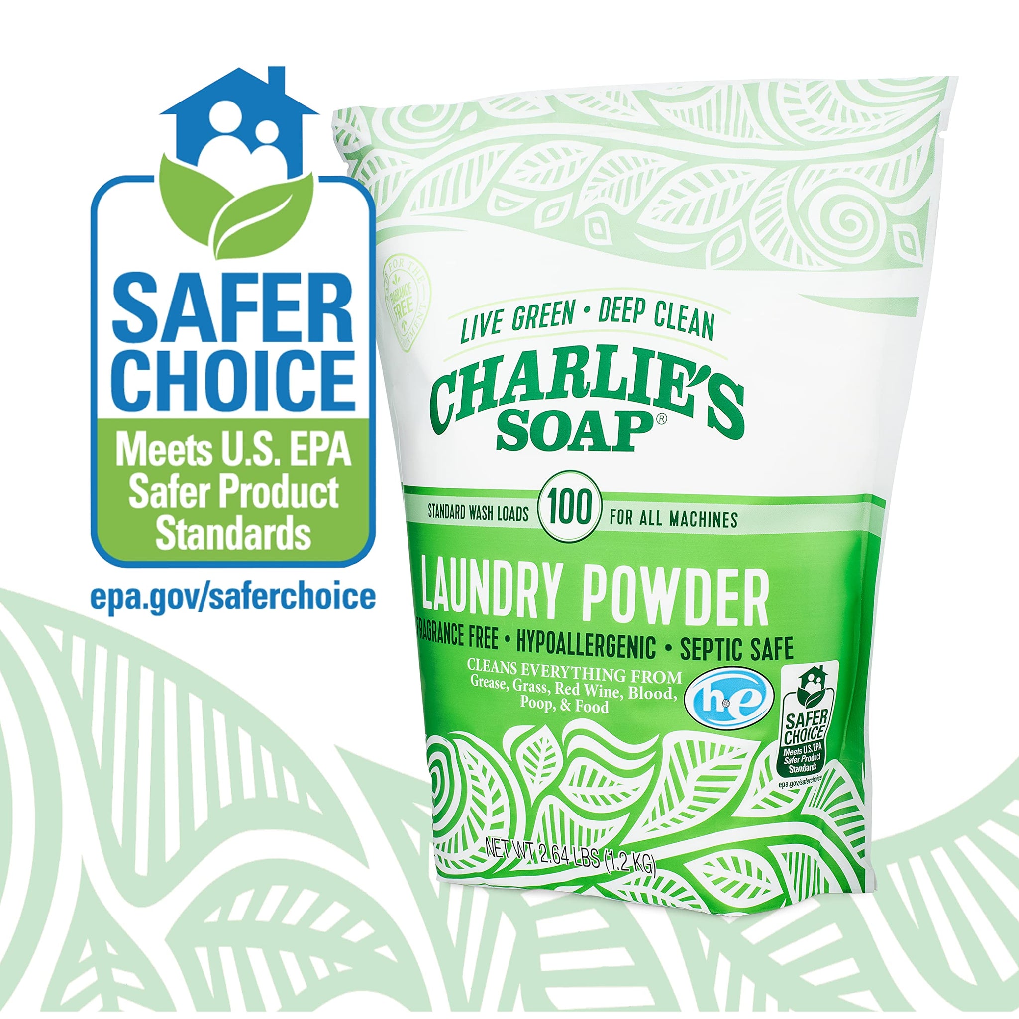 Charlie's Soap - Fragrance Free Laundry Powder - 100 Loads (Five 100-load Bags, 500 Total Loads)
