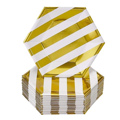 SILVER SPOONS DISPOSABLE SIDE PLATES | 24 pc | made of Heavyweight Paper Materials | Stripe - Gold | 7.5"