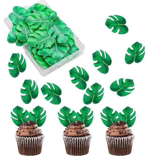 48pcs Edible Tropical Turtle Leaves Cupcake toppers, Palm Leaf Cake Topper, Edible Wafer Paper Leaf Cake Decoration for Hawaii Aloha Jungle Summer