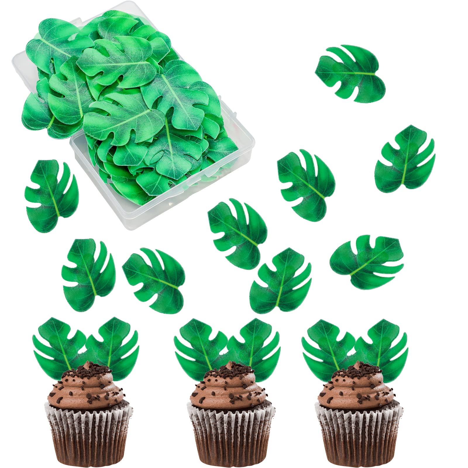 48pcs Edible Tropical Turtle Leaves Cupcake toppers, Palm Leaf Cake Topper, Edible Wafer Paper Leaf Cake Decoration for Hawaii Aloha Jungle Summer