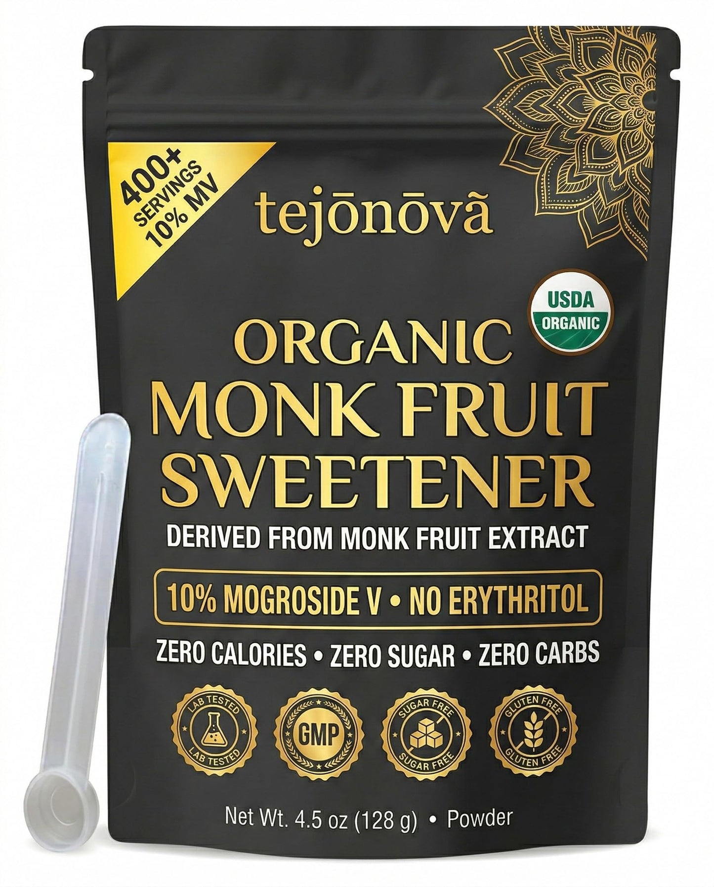Organic Monk Fruit Extract Powder 4.5 oz - Pure Monk Fruit Sweetener, No Erythritol, Zero Calorie Sugar Substitute for Coffee, Tea & Baking (412