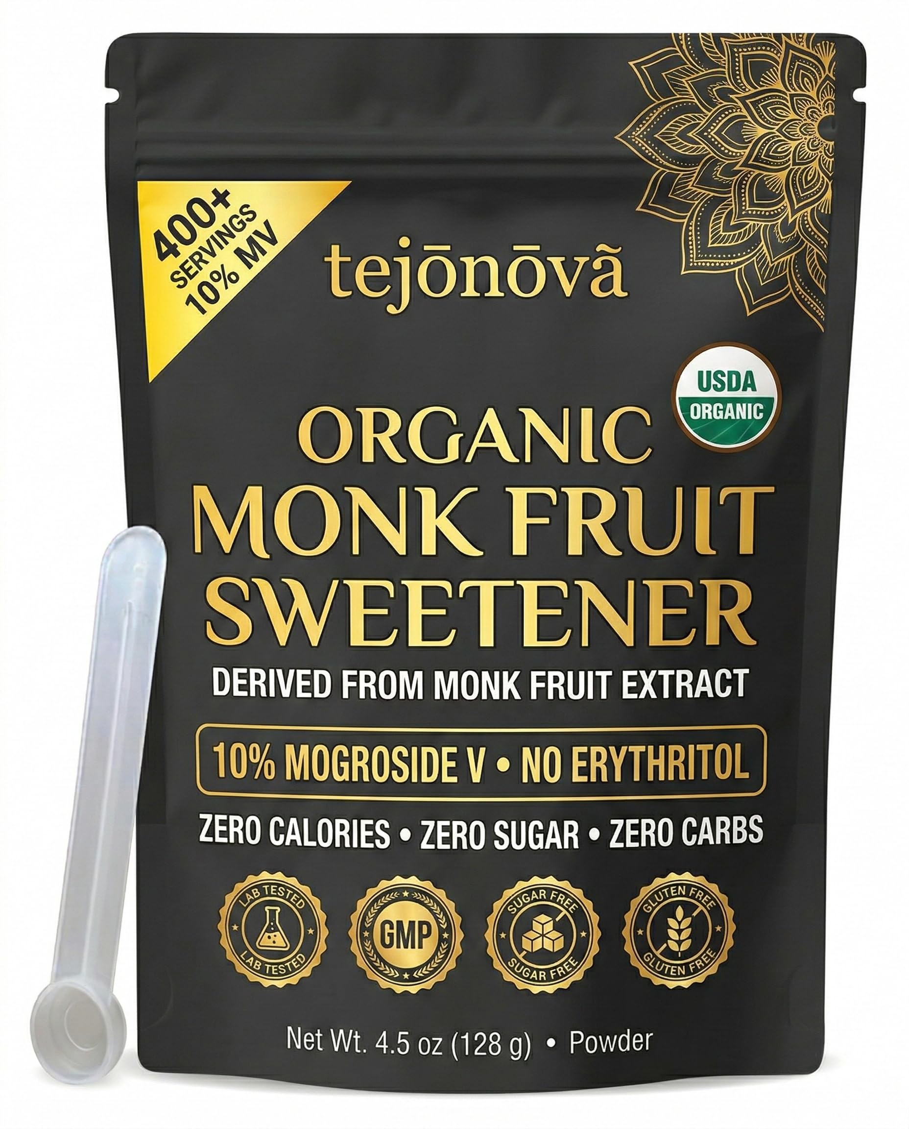 Organic Monk Fruit Extract Powder 4.5 oz - Pure Monk Fruit Sweetener, No Erythritol, Zero Calorie Sugar Substitute for Coffee, Tea & Baking (412