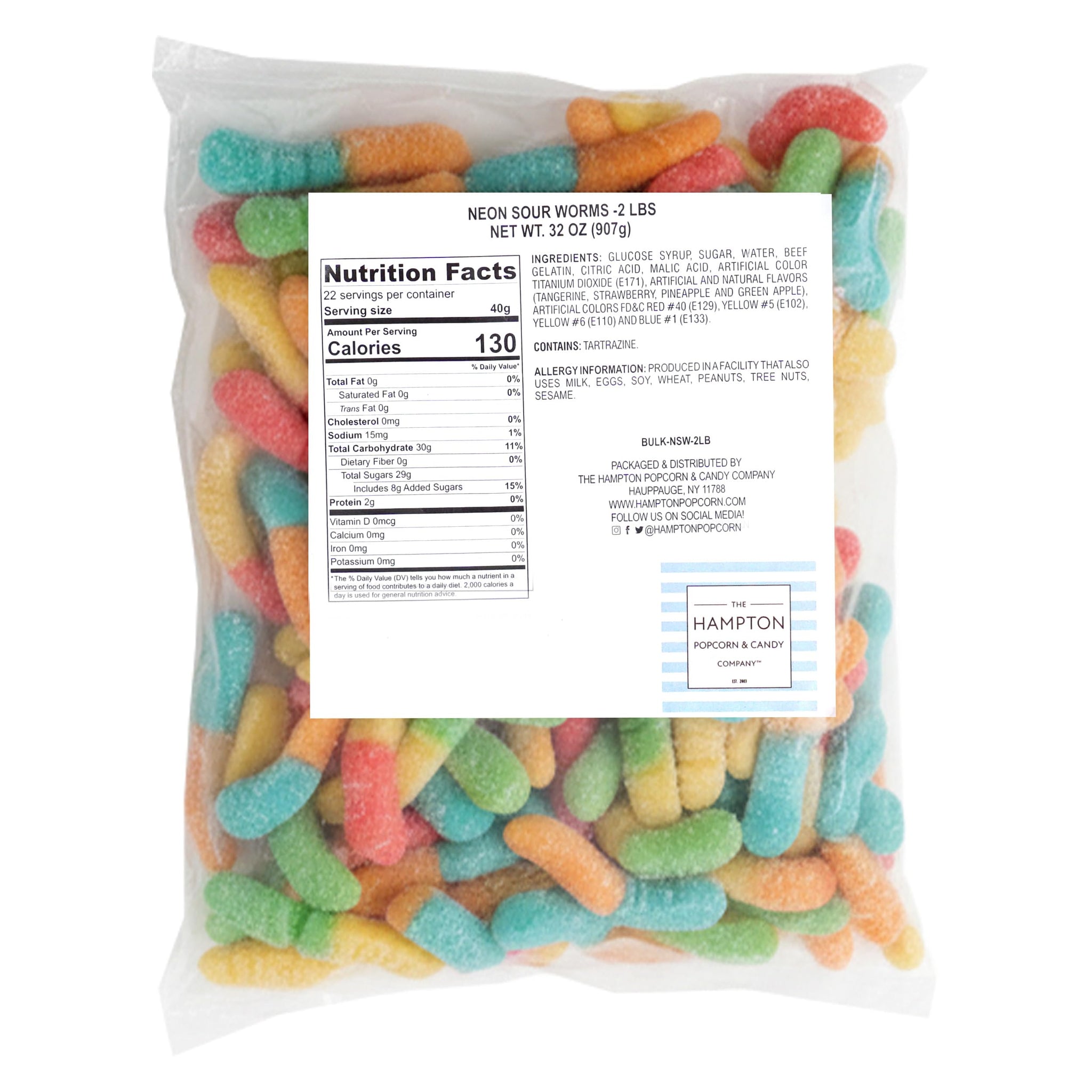 Neon Sour Gummy Worms, 2 Pound Bulk Bag, Sour Candy, The Hampton Popcorn & Candy Company