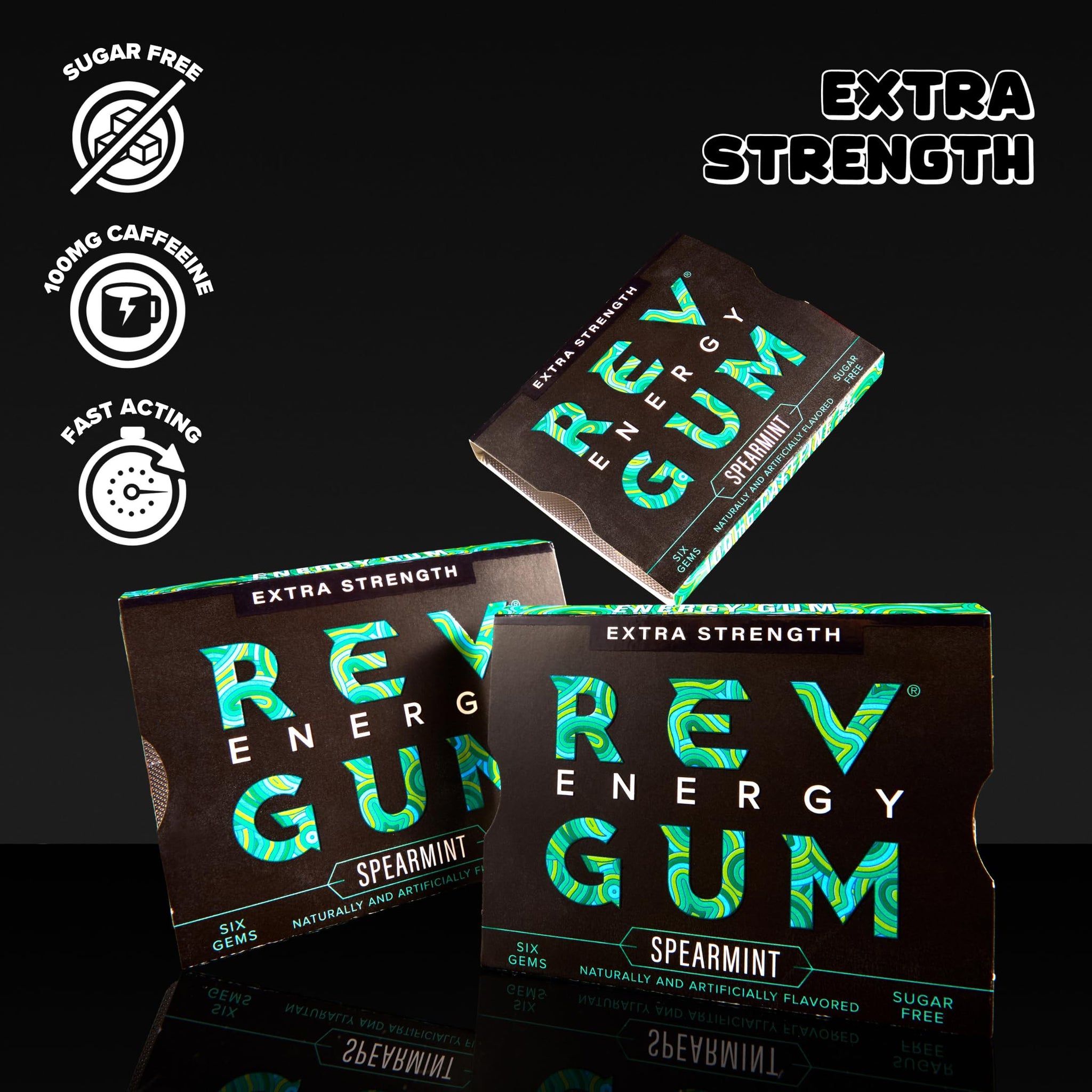 Rev Gum Caffeine Energy Gum | Extra Strength 100mg of Caffeine per Gem | Spearmint Sugar Free Caffeine Gum - Low Calorie Chews to Help You Stay Alert