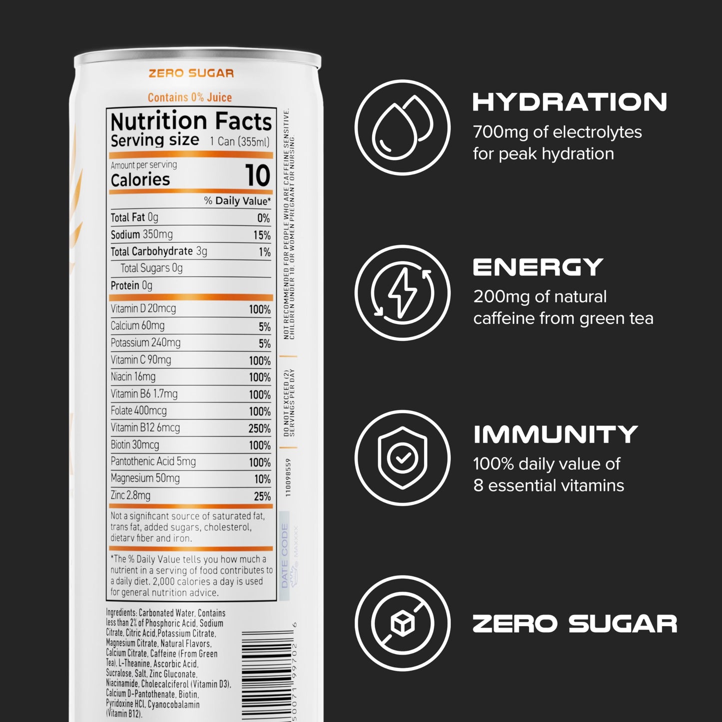 PHX Hydration Energy Drink - 700mg Electrolytes, 200mg Natural Green Tea Caffeine, 100% Daily Value 8 Essential Vitamins - 12 oz Cans (12 Pack) (12