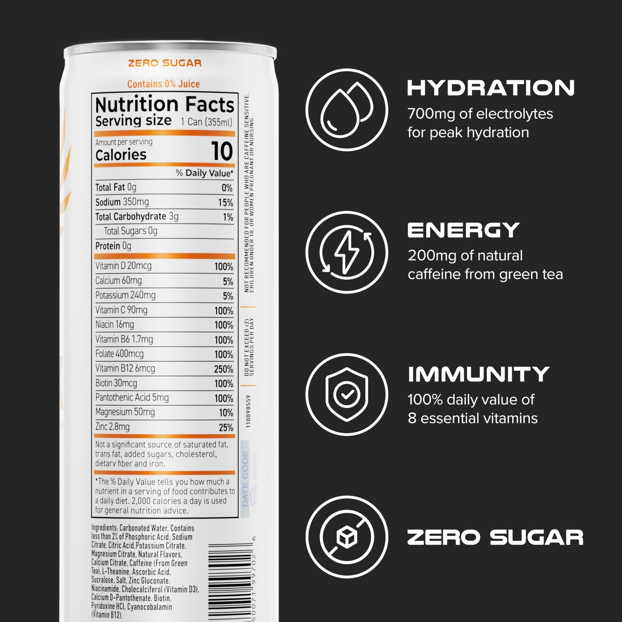 PHX Hydration Energy Drink - 700mg Electrolytes, 200mg Natural Green Tea Caffeine, 100% Daily Value 8 Essential Vitamins - 12 oz Cans (12 Pack) (12