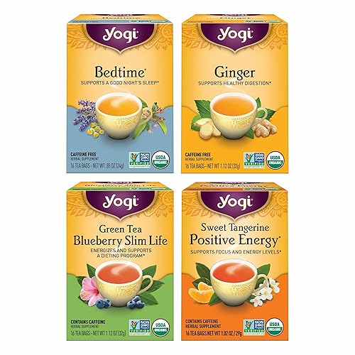 Yogi Tea Variety Pack - 16 Bags per Pack (4 Packs) - Organic Black, Green & Herbal Teas - Includes Bedtime, Ginger, Green Tea Blueberry Slim Life