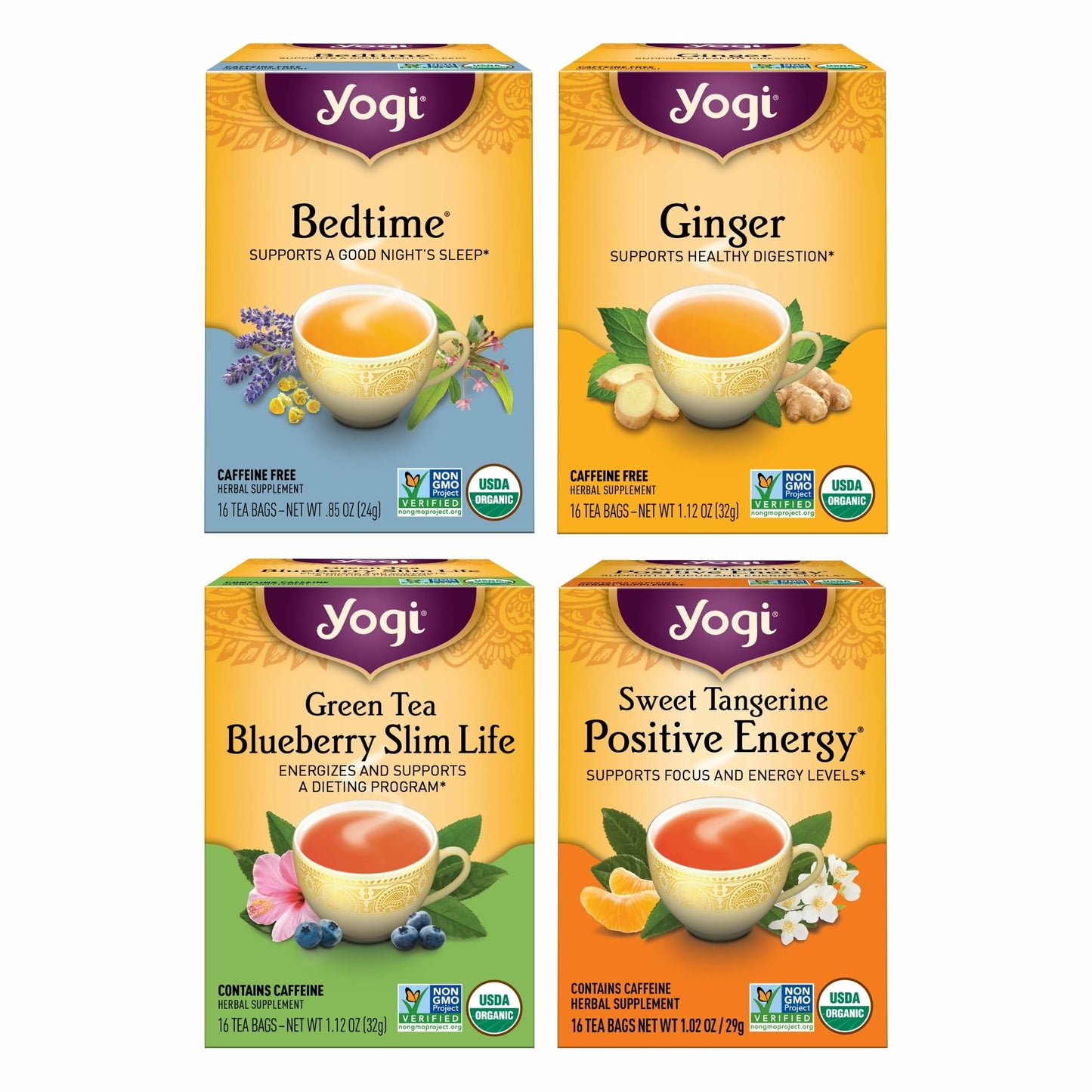 Yogi Tea Variety Pack - 16 Bags per Pack (4 Packs) - Organic Black, Green & Herbal Teas - Includes Bedtime, Ginger, Green Tea Blueberry Slim Life