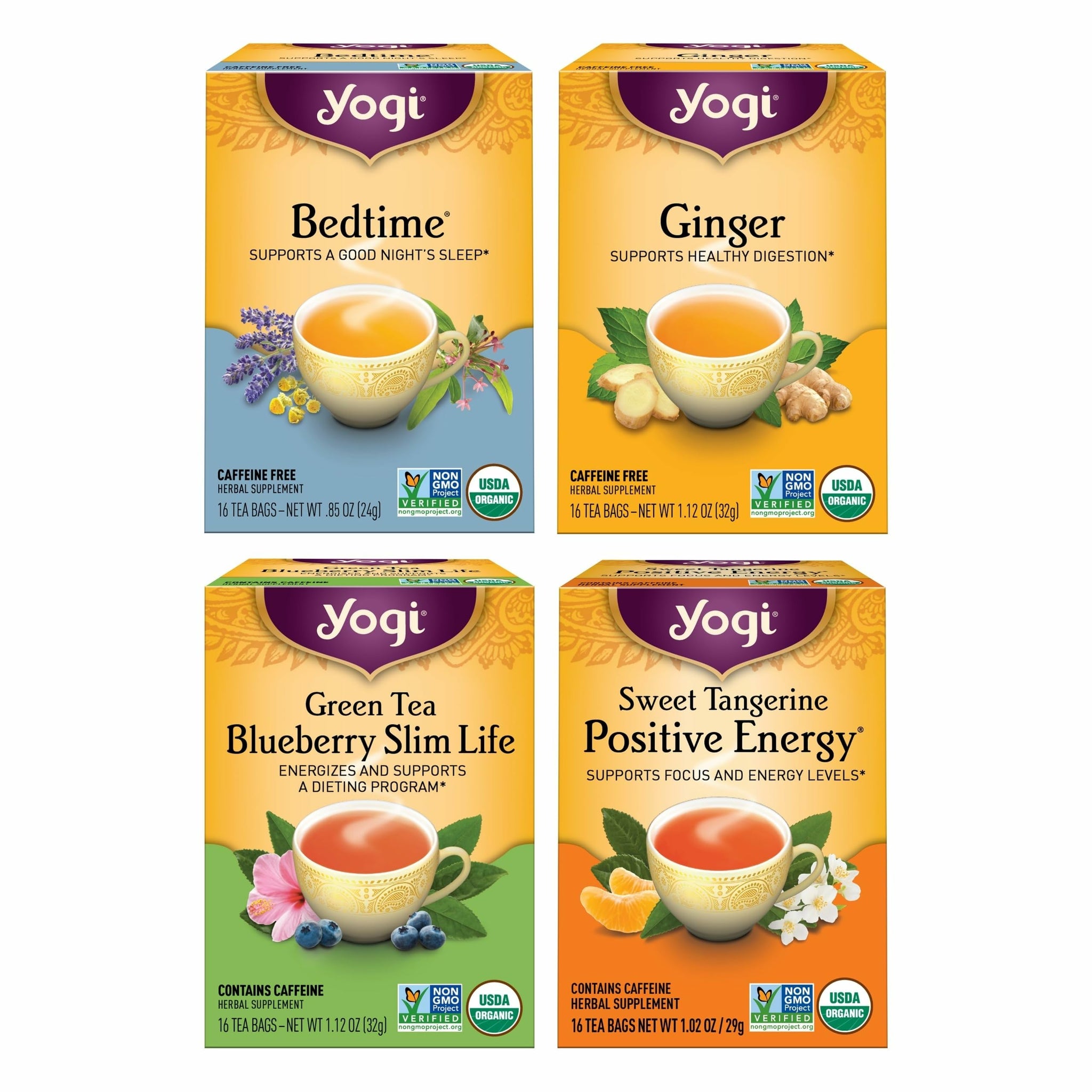 Yogi Tea Variety Pack - 16 Bags per Pack (4 Packs) - Organic Black, Green & Herbal Teas - Includes Bedtime, Ginger, Green Tea Blueberry Slim Life