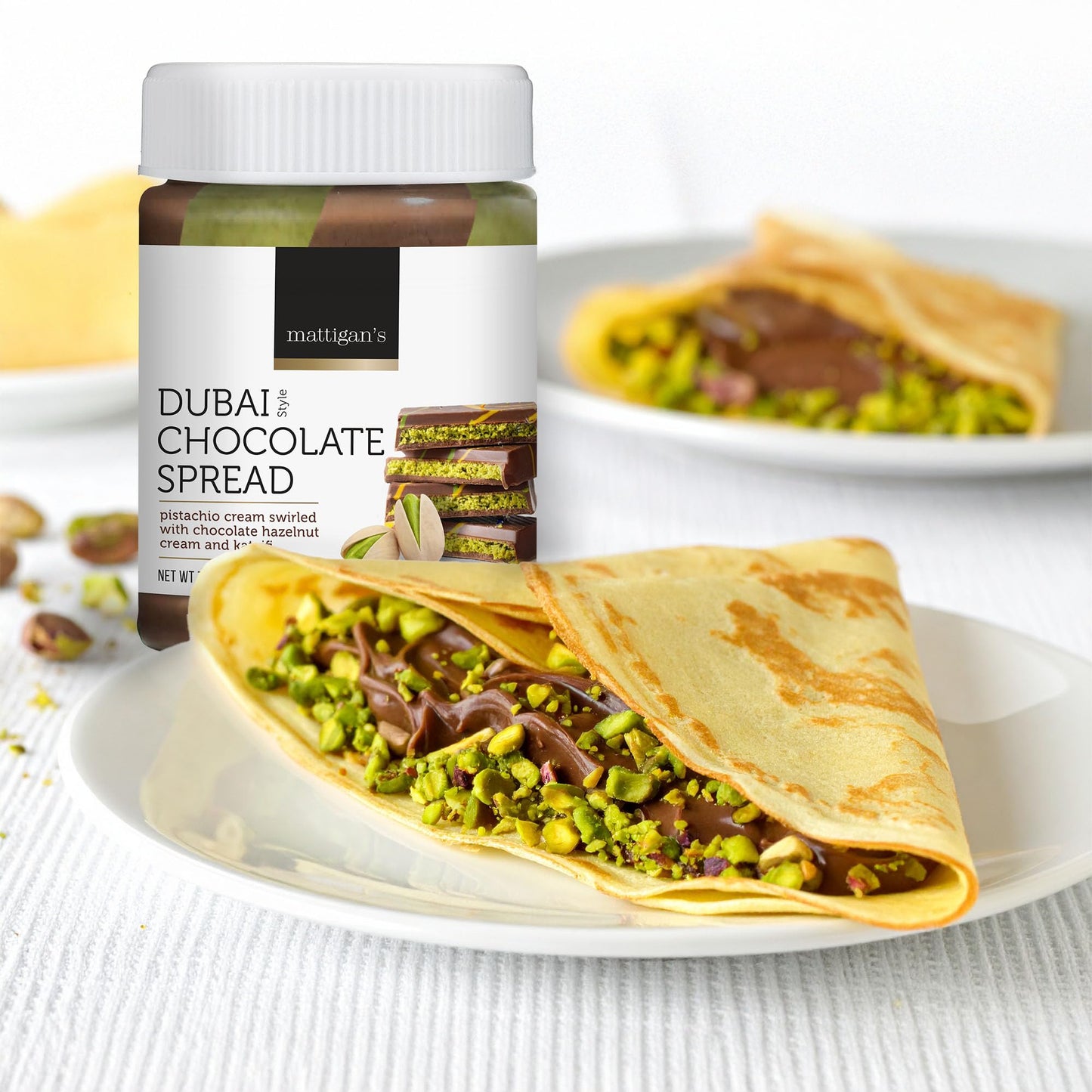 Mattigan’s Award-Winning Dubai Style Chocolate Spread, Pistachio Cream with Kataifi Crunch & Hazelnut, Premium Spread, Gourmet Spreadable Dubai