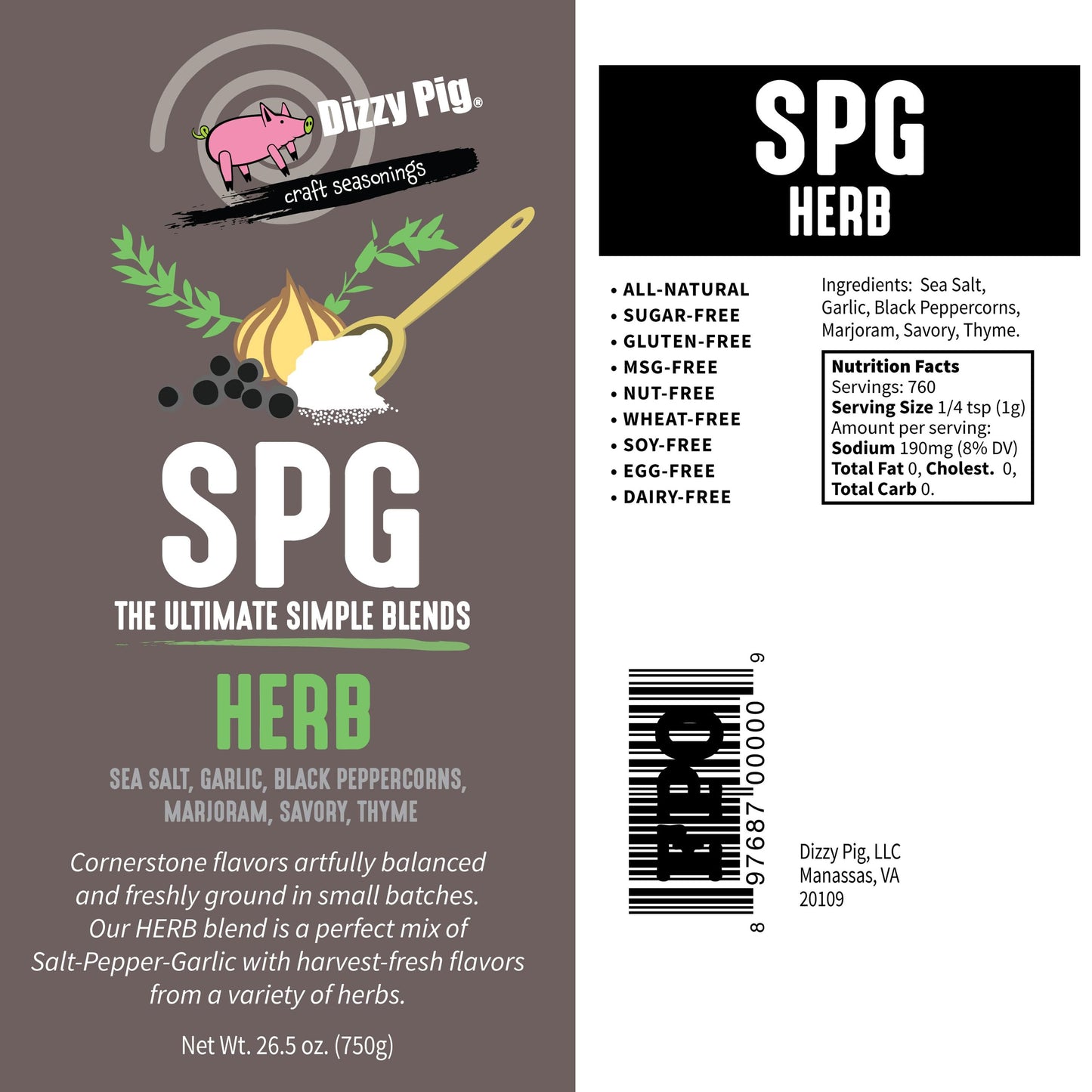 Dizzy Pig SPG Herb (Salt, Pepper & Garlic) Seasoning Rub (Quart Shaker) - Hand Made in the USA - Seasons Around 120lbs of Food - MSG Free, Gluten Free