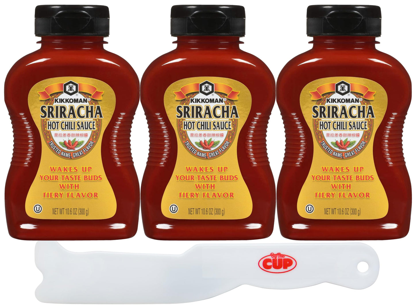 Kikkoman Sriracha Hot Chili Sauce, 10.6 oz (Pack of 3) with By The Cup Spatula Knife