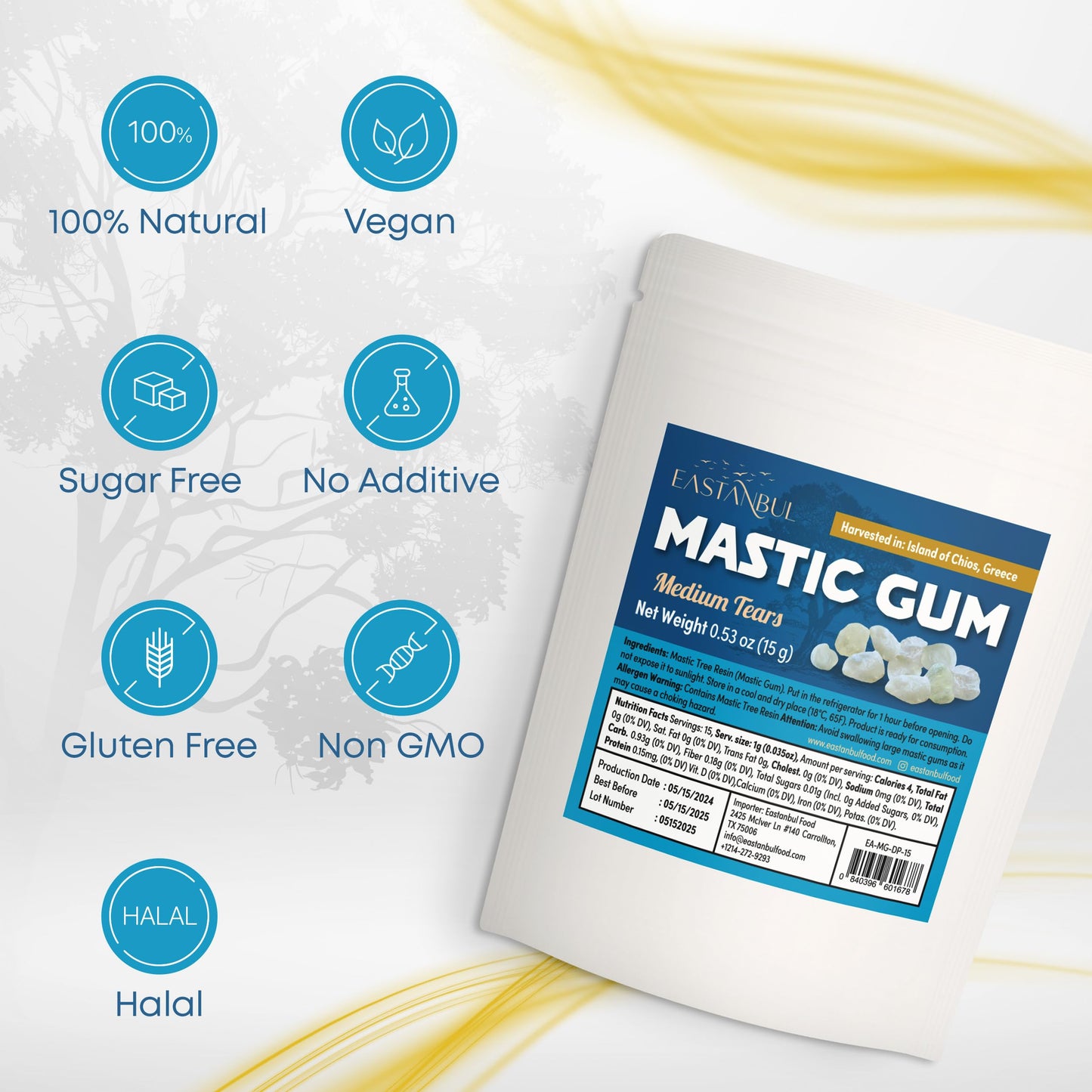 Eastanbul Mastic Gum Chewing Gum, 0.53oz (15g), Mastic Chewing Mewing for Jawline, Natural Tears in Resealable Bag, Medium Sized Natural Tears