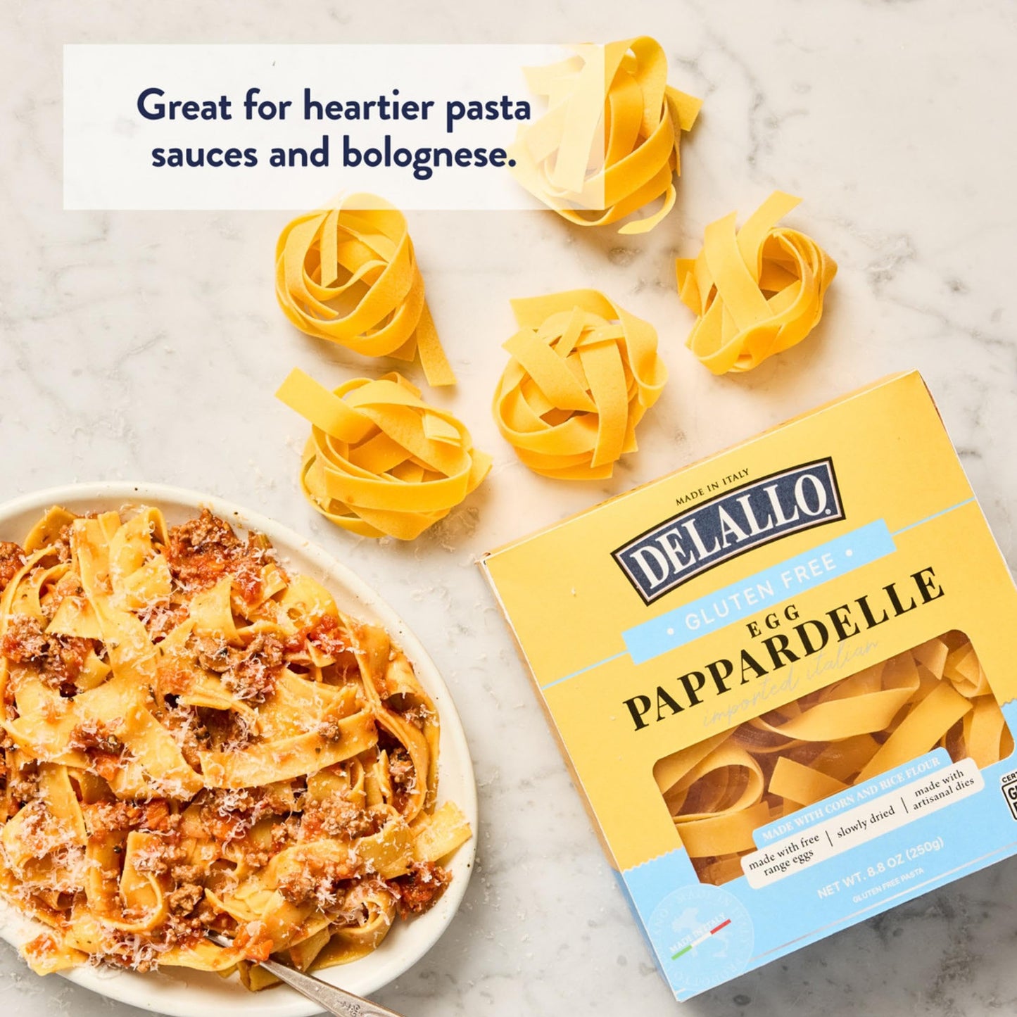 DeLallo Gluten-Free Pappardelle Pasta Nests, Made with Corn and Rice Flour and Farm Fresh Eggs, Made in Italy, Bronze Cut, Non-GMO, Wheat Free, 8.8 oz