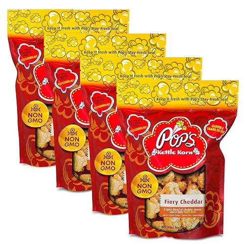 Pop's Kettle Korn- Fiery Cheddar| 4-Pack Fiery Cheddar- Gluten-Free, Whole Grain, Hand-Popped, Small