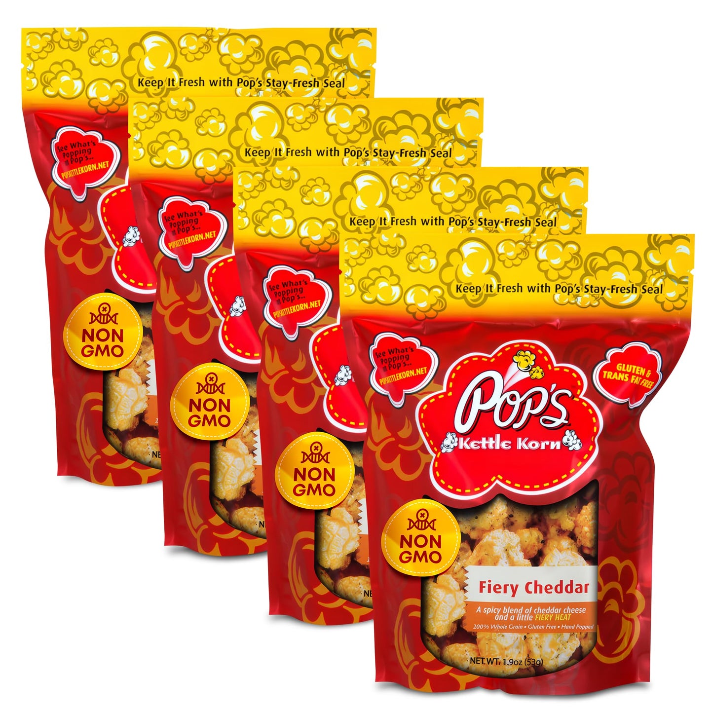 Pop's Kettle Korn- Fiery Cheddar| 4-Pack Fiery Cheddar- Gluten-Free, Whole Grain, Hand-Popped, Small