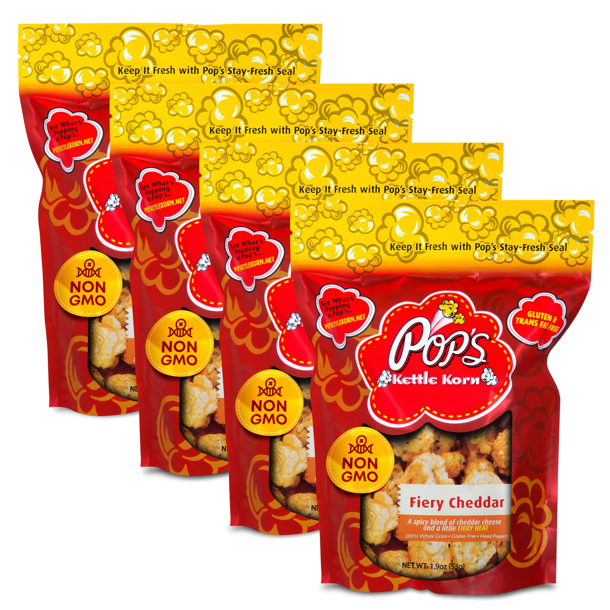 Pop's Kettle Korn- Fiery Cheddar| 4-Pack Fiery Cheddar- Gluten-Free, Whole Grain, Hand-Popped, Small