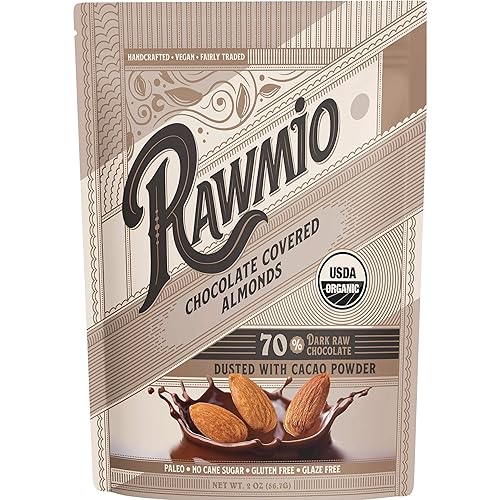 Rawmio Chocolate Covered Almonds - Organic, Raw, Vegan, 70% Dark Chocolate, 3 Packs, 2 oz.