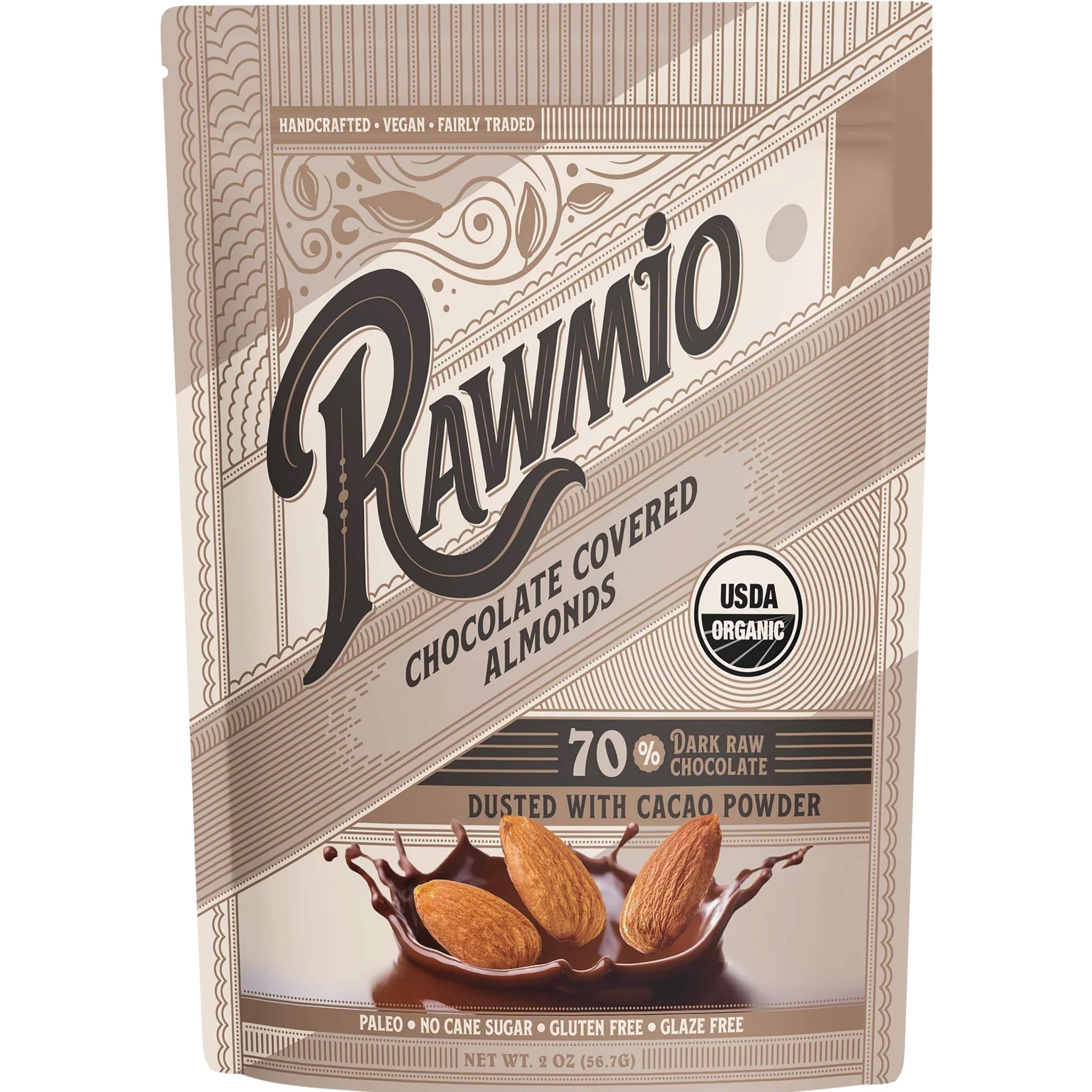 Rawmio Chocolate Covered Almonds - Organic, Raw, Vegan, 70% Dark Chocolate, 2 Packs, 2 oz.
