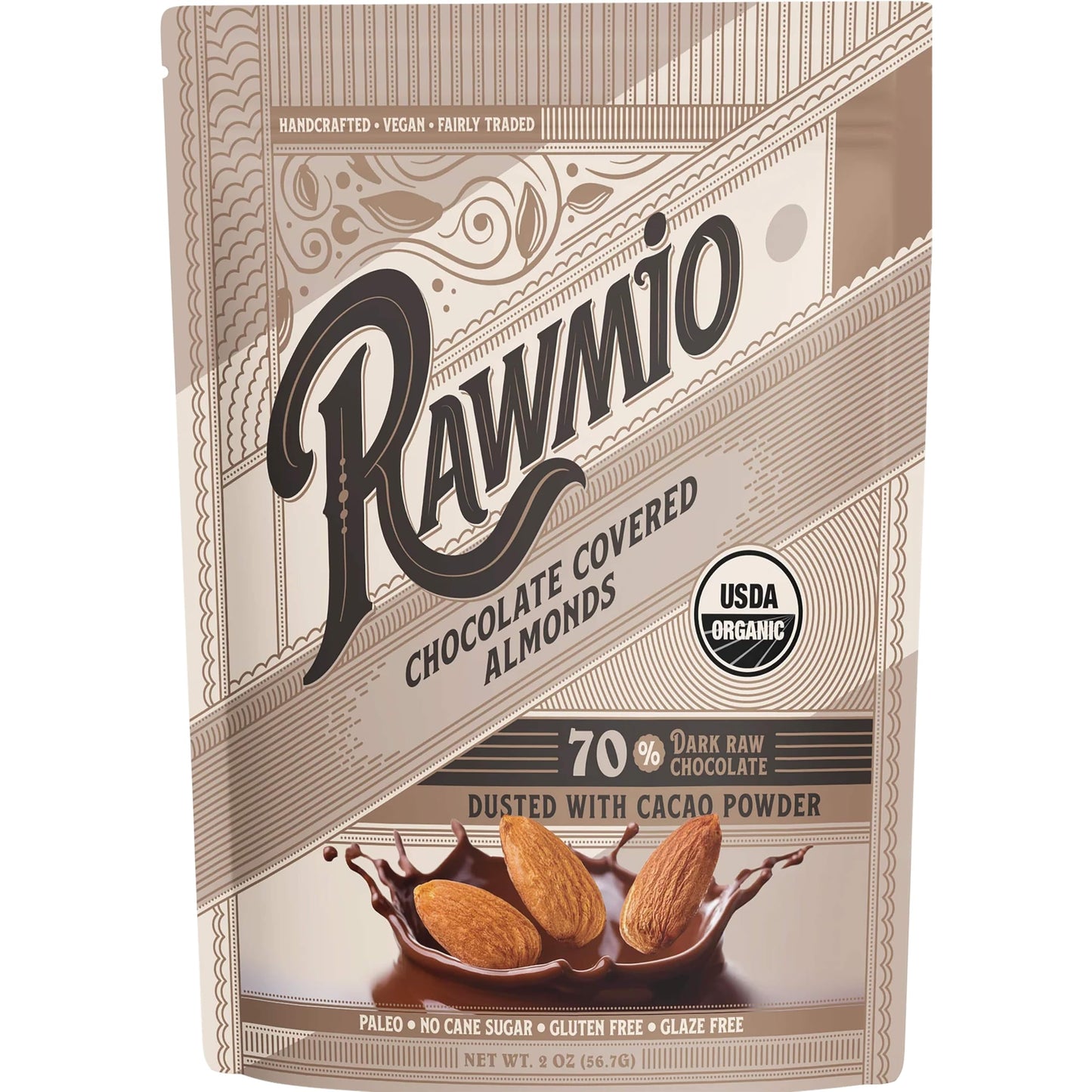 Rawmio Chocolate Covered Almonds - Organic, Raw, Vegan, 70% Dark Chocolate, 3 Packs, 2 oz.