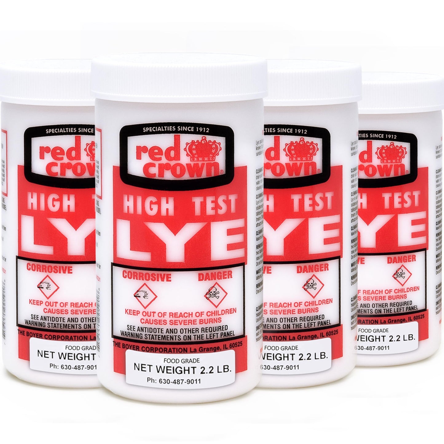 RED CROWN The Boyer Corporation Lye for Soap Making, Sodium Hydroxide Pure High Test Food Grade Lye, Caustic Soda, Drain Cleaner and Clog Remover, 4