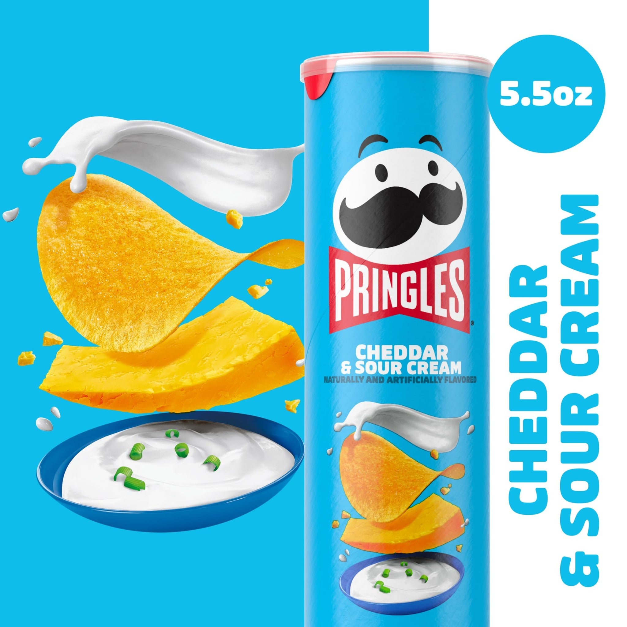 Pringles Potato Crisps Chips, Lunch Snacks, On-The-Go Snacks, Cheddar and Sour Cream, 5.5oz Can (One Can)