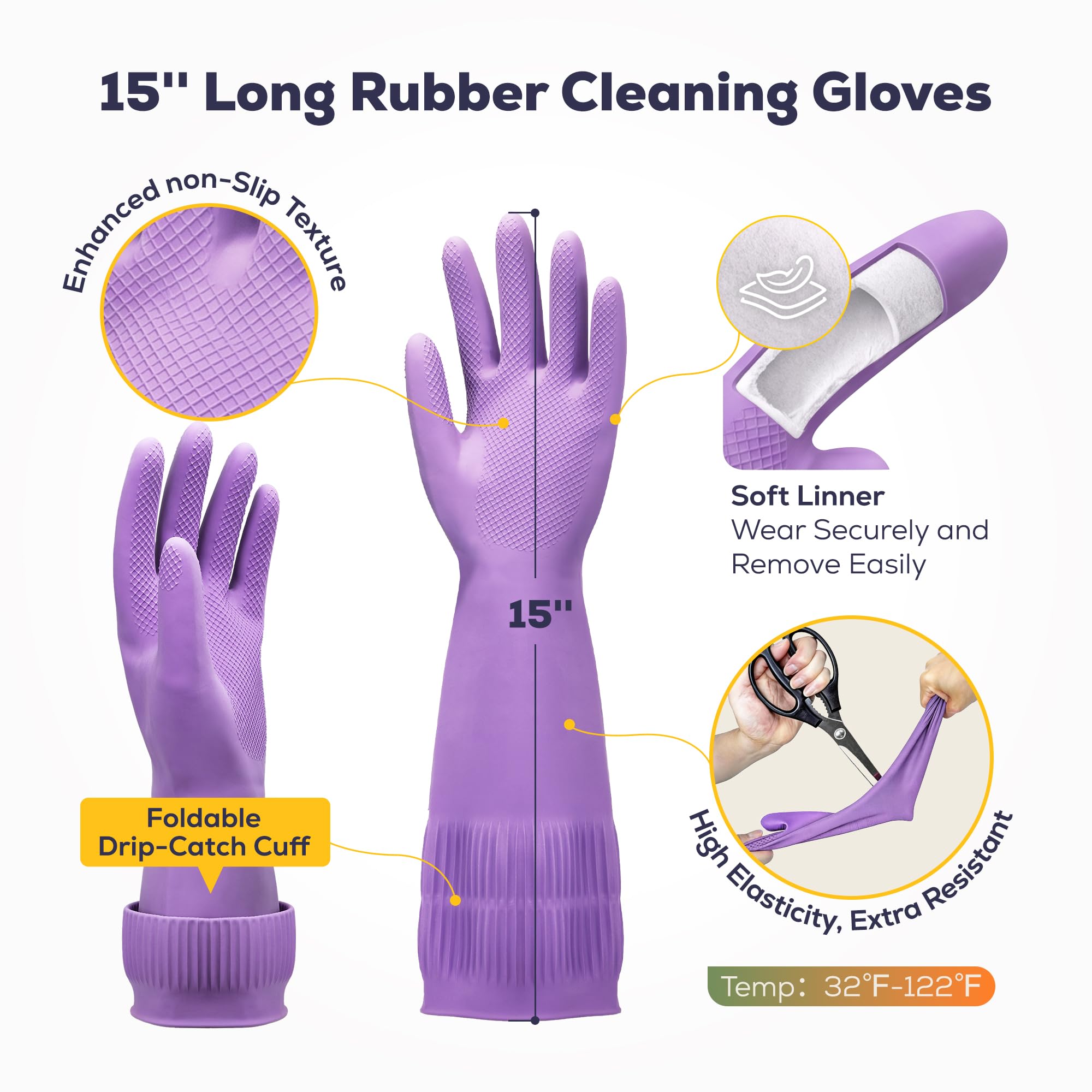 FMP Brands 3 Pairs Rubber Dishwashing Gloves-15'' Long Elastic Comfortable to Wear, Reinforced Non-Slip Design and Reusable for Household Cleaning