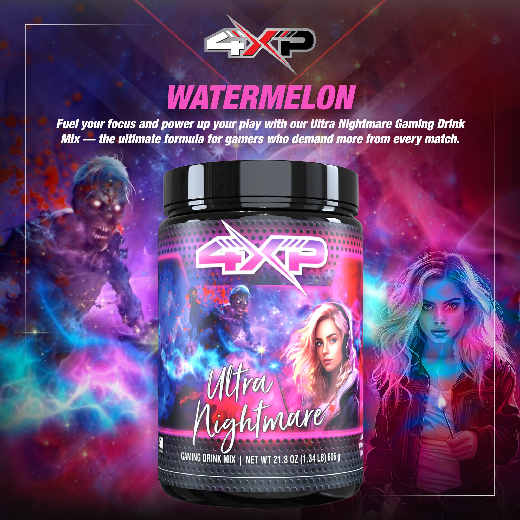4XP Ultra Nightmare Watermelon Gaming Energy Drink Mix| Low-Caffeine Nootropic Powder with B Vitamins & Watermelon Flavor for Gamers | 50-Serving