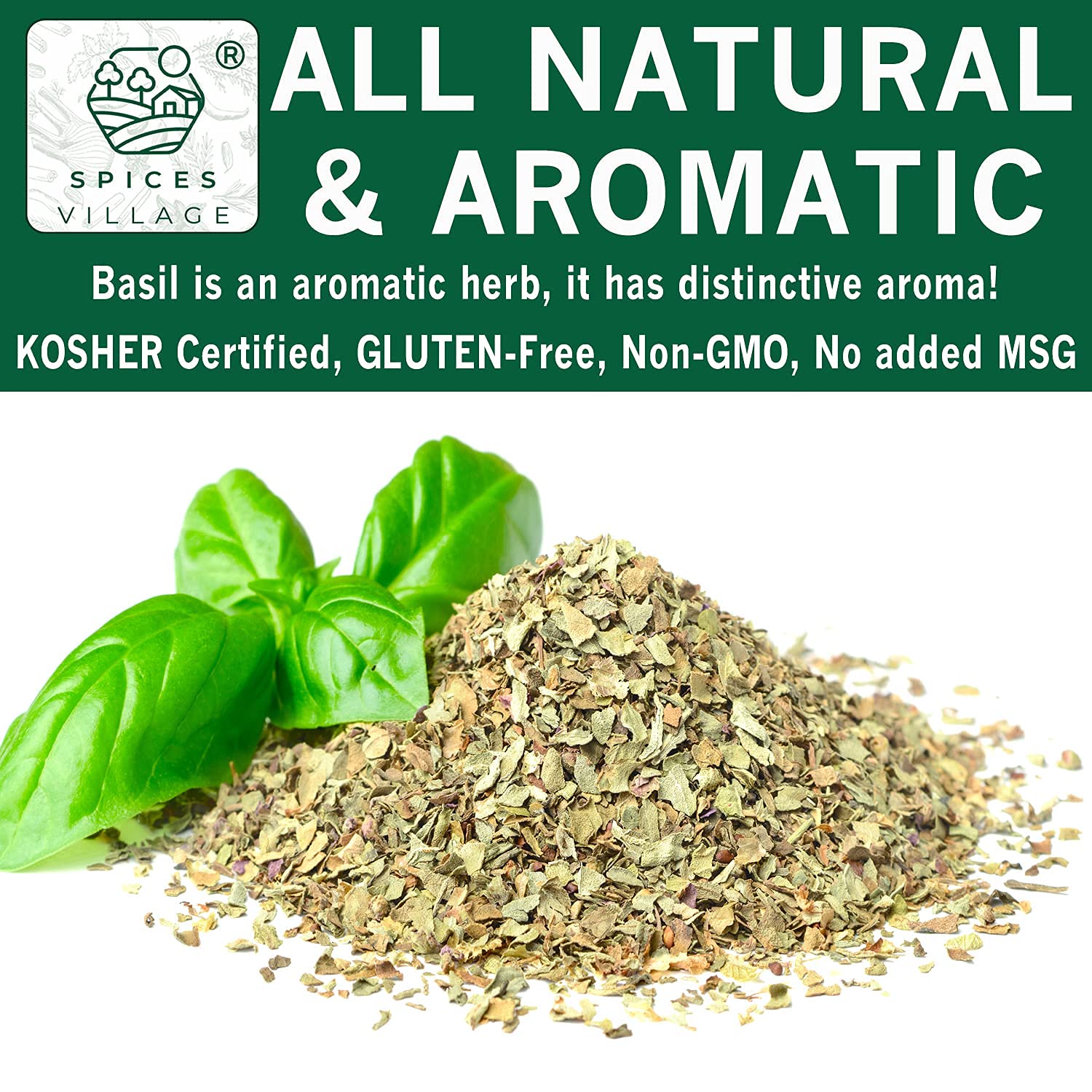 SPICES VILLAGE Dried Basil (2.3 oz), Basil Spice, All Natural Fresh Leaves, Pure Mediterranean Seasoning - Kosher Certified, Gluten Free, Non GMO