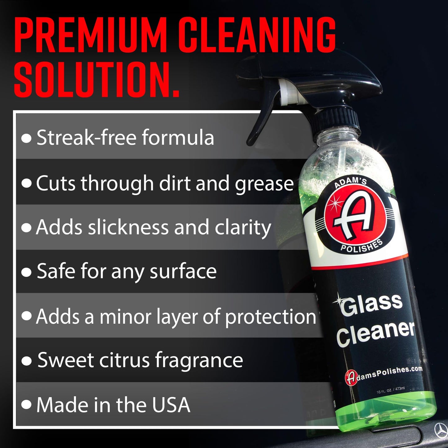 Adam's Polishes Glass Cleaner - Steak Free Car Wash Window Cleaner, All-Natural Streak Free Formula For Car Cleaning, Safe On Tinted & Non-Tinted
