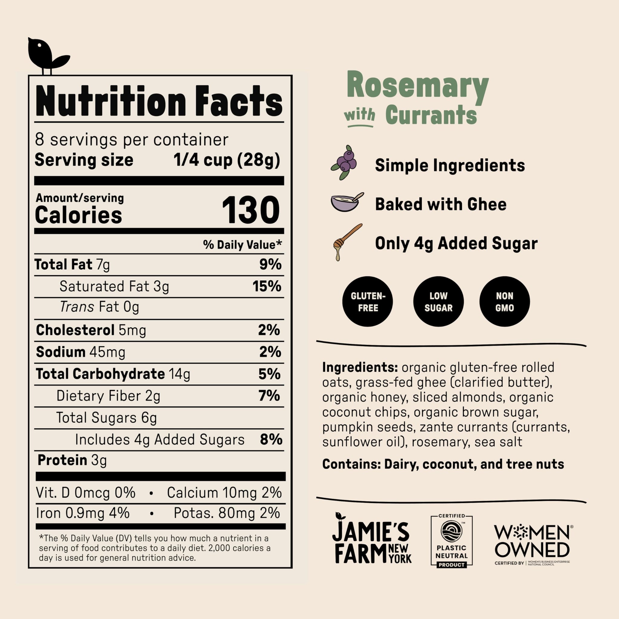 Jamie's Farm, Rosemary with Currants Granola, Gluten-Free, Organic Oats, Baked with Ghee (8oz Bag)