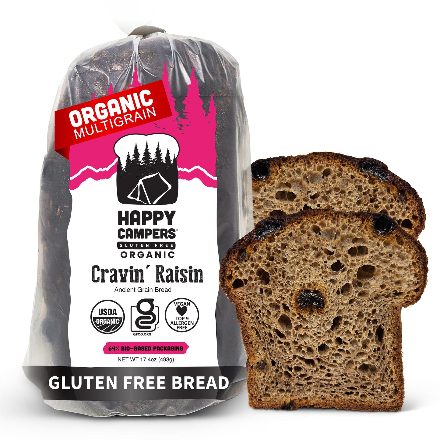 Happy Campers Cravin’ Raisin Cinnamon Spice Gluten Free Bread, Organic, Non-GMO, Vegan, 17.4 oz Loaf (Pack of 4)