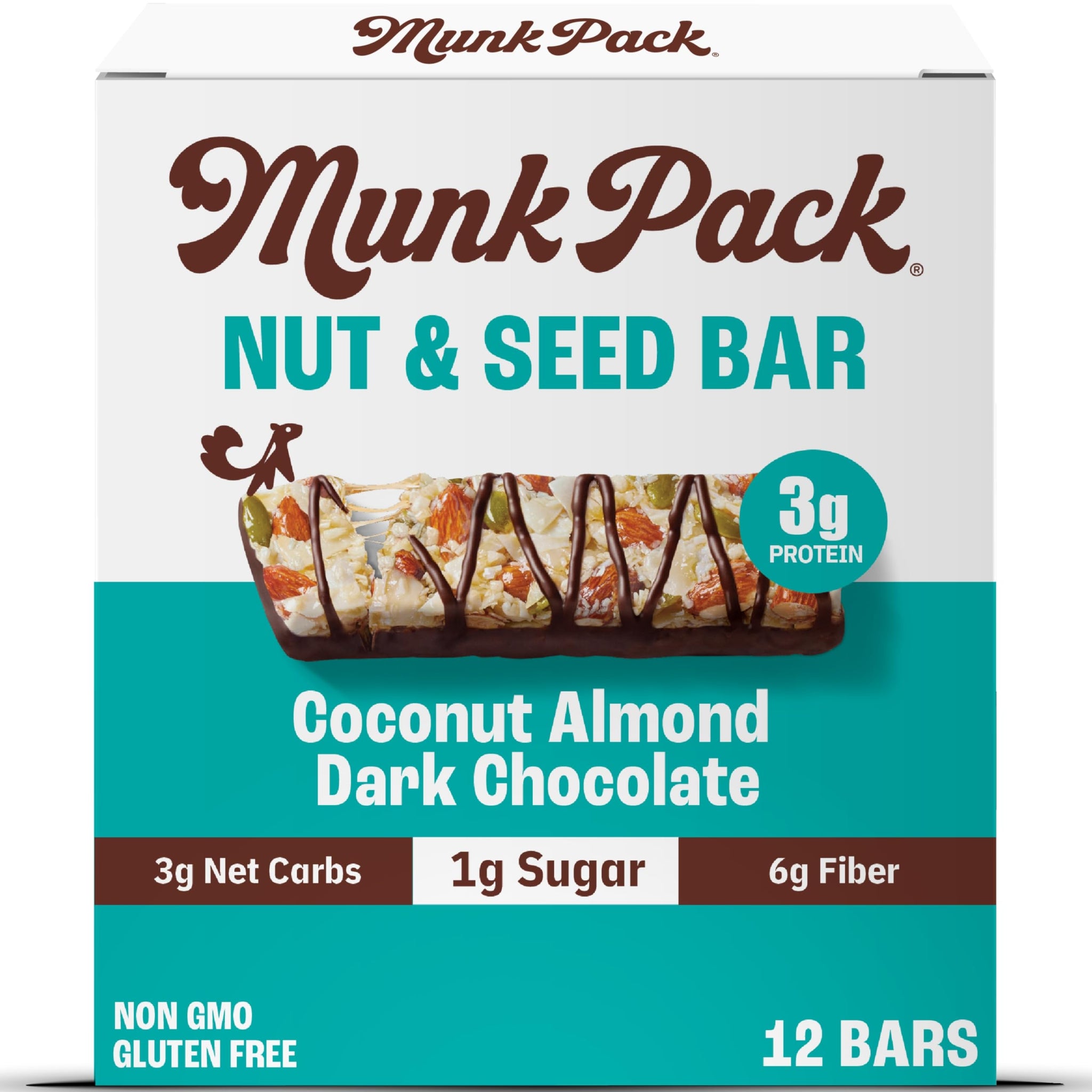 Munk Pack Fiber Nut Bars, Coconut Almond Dark Chocolate, Prebiotic Probiotic GLP-1 Snack, 5g Fiber, Gut Friendly Allulose, Plant Protein, Gluten Free