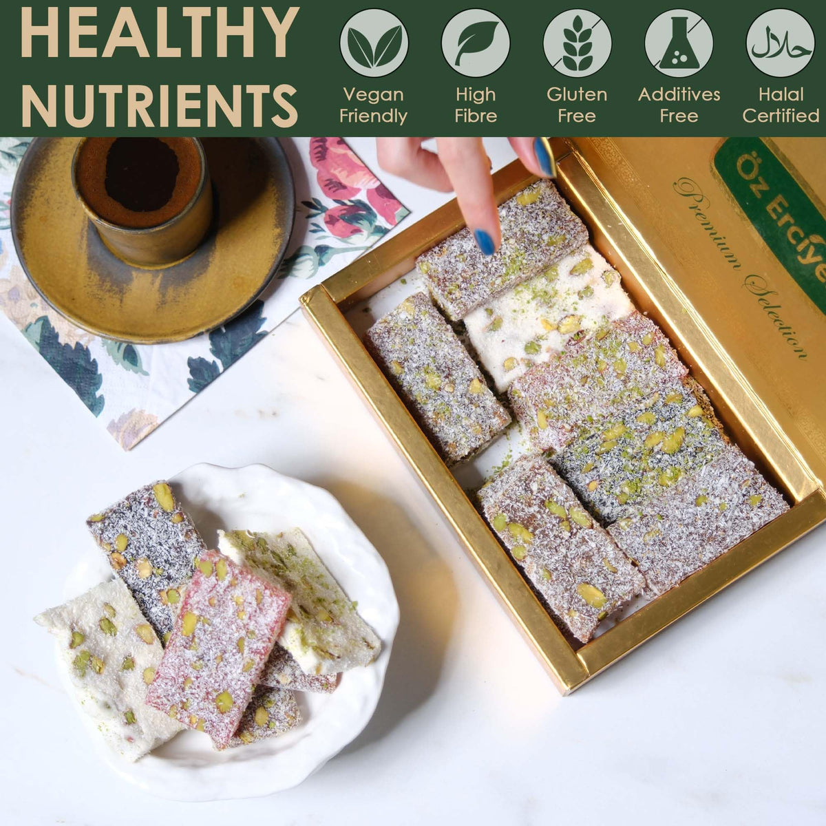 Cezerye Turkish Delight - Fig, Pomegranate, Carrot & Pistachio Lokum, Traditional Turkish Sweets, Healthy Arabic Candy Gift Box, 17.6 oz (500g)
