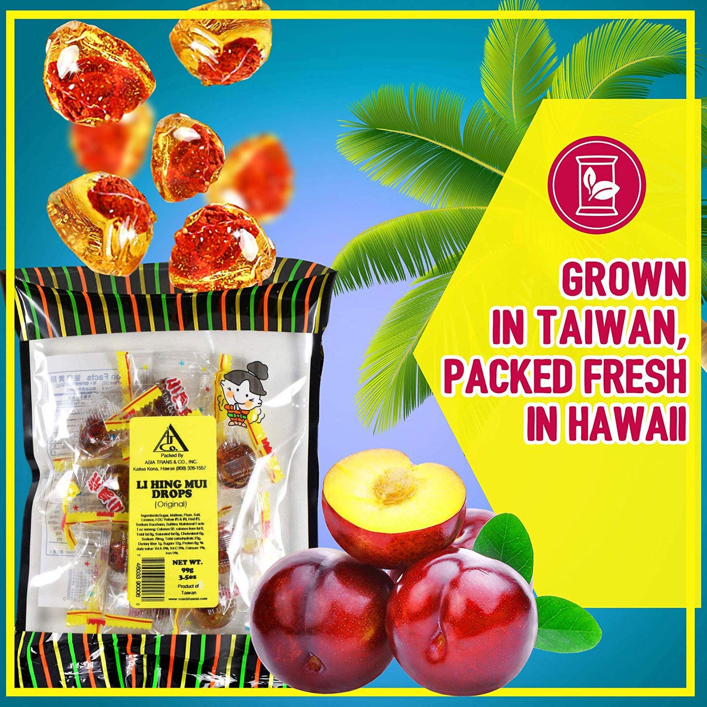 Asia Trans Golden Plum Crack Seed Drops | Local Favorite | Sweet, Sour, & Salty Dried Asian Plum Hard Candy (3.5 oz)