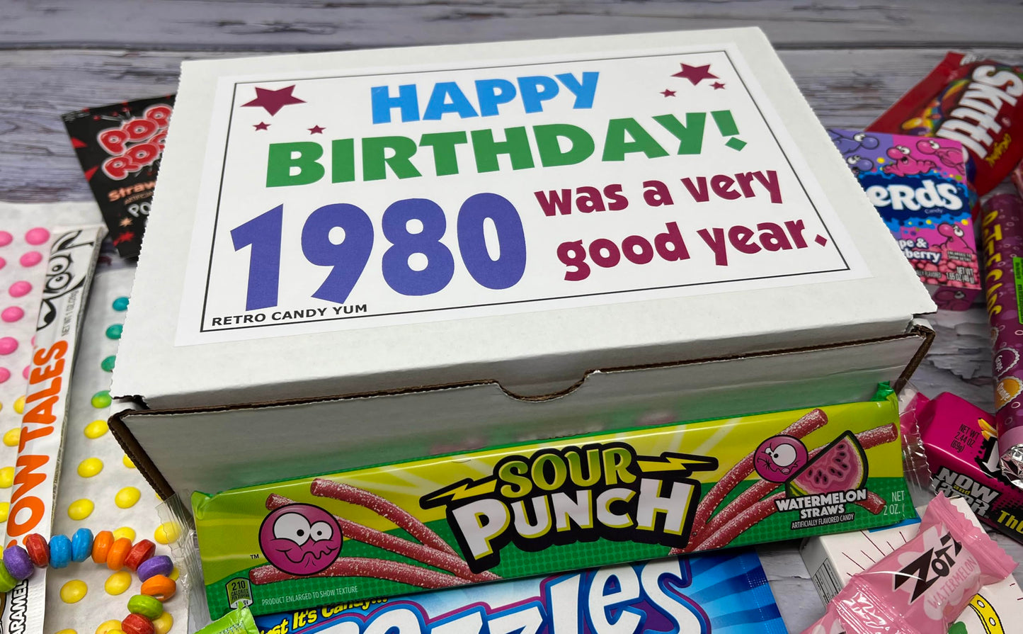 RETRO CANDY YUM ~ 1980 46th Birthday Ideas ~ Retro Decade 80s Candy Gag Gift Basket Box Assortment From Childhood ~ Milestone Birthday Gifts