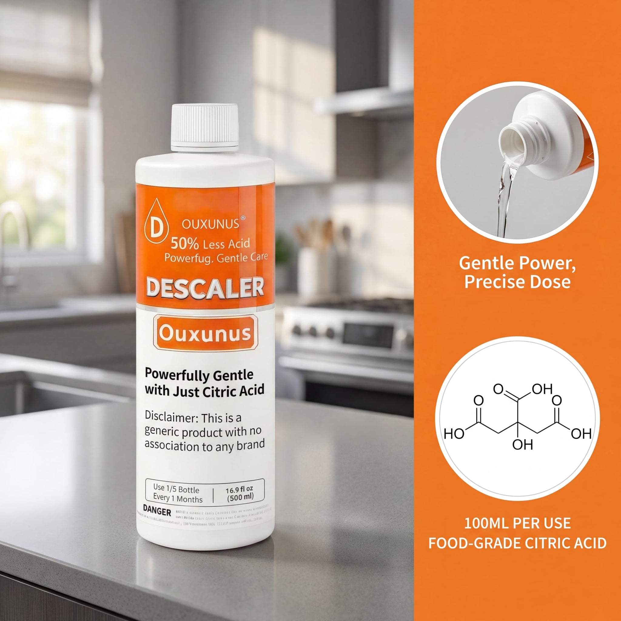 Ouxunus Gentle Descaling Solution Compatible with DeLonghi Coffee Machines, 16.9 fl Oz Professional Formula for Hard Water & Well Users, ?5 Uses