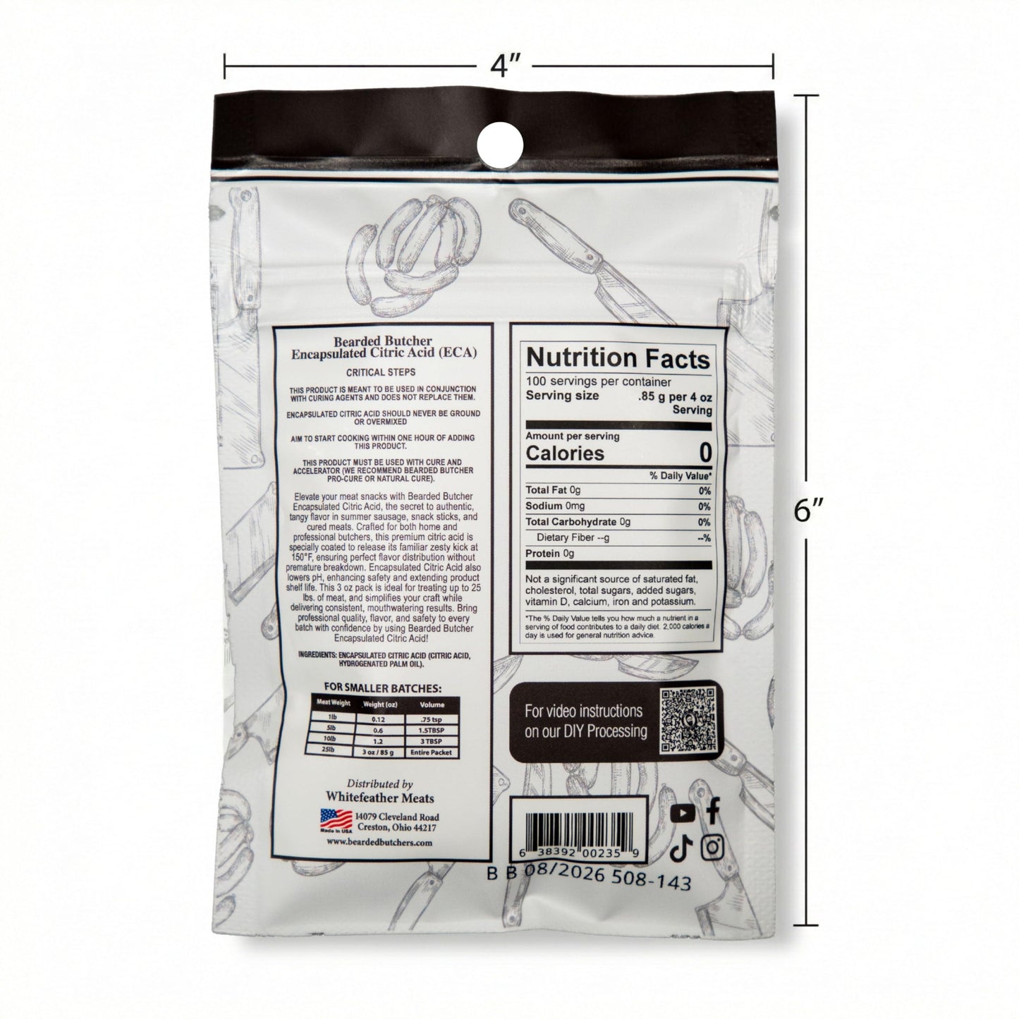 Bearded Butchers Encapsulated Citric Acid 60%, Non-GMO, 3 oz - Sausage Tang Flavor, Ideal for Meat Processing, Summer Sausage, Beef Sticks, Jerky, and