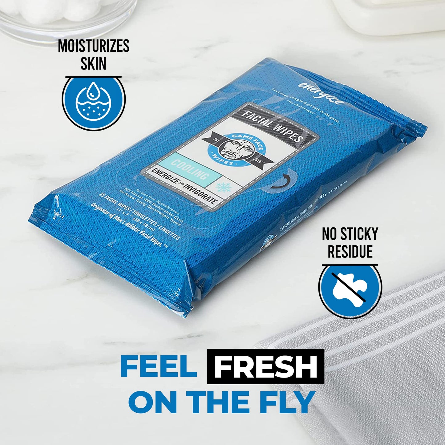 Game Face Cooling Face Wipes 25 Count XL Size Compostable Cloth Naturally Formulated and Lightly Scented Hydrating, Energizing, and Invigorating Wipes