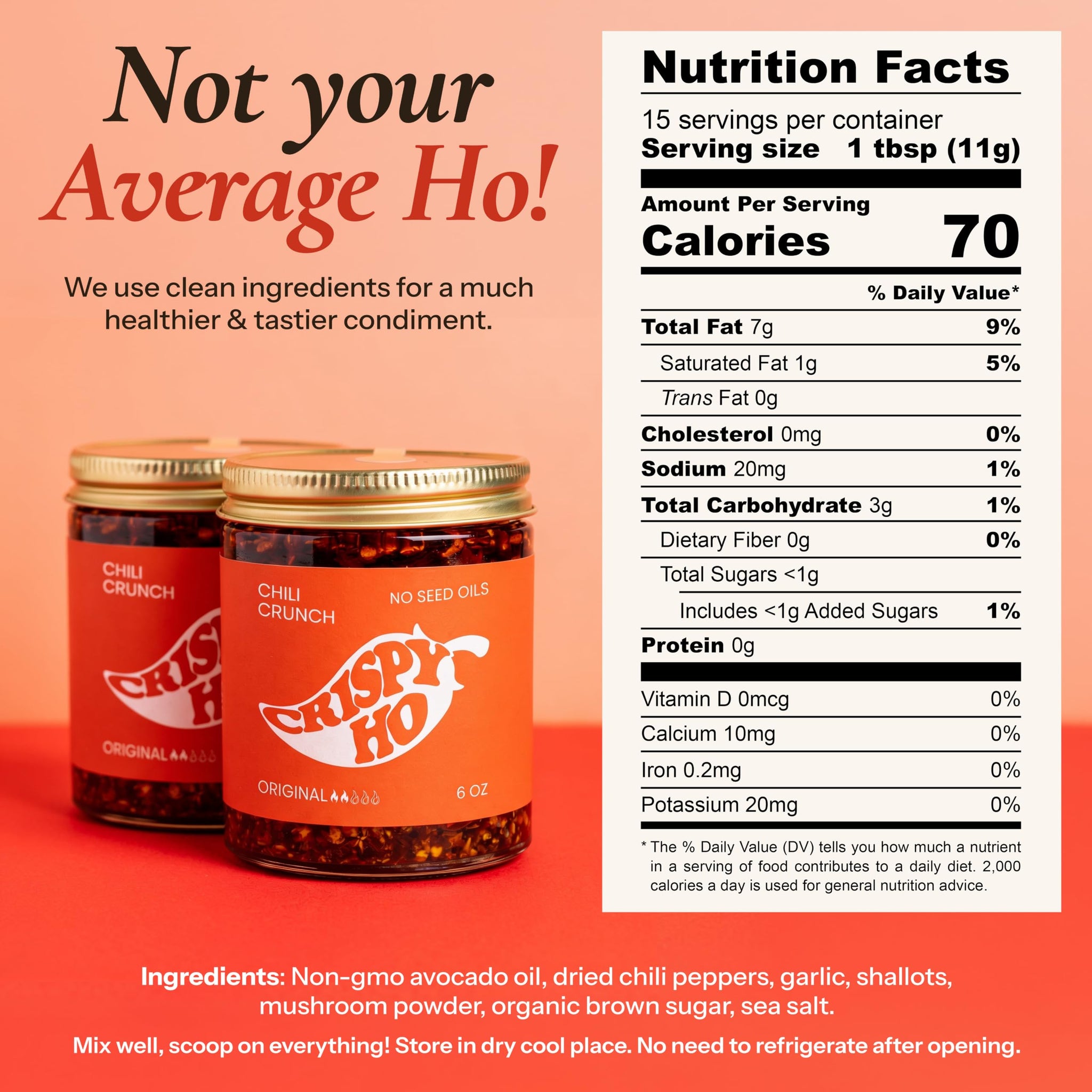 CRISPY HO OG Chili Crunch - Premium Chili Crisp, No Seed Oils, Avocado Oil, Crunchy Garlic & Shallots - Spicy, Savory, Umami - Vegan, Gluten Free, No