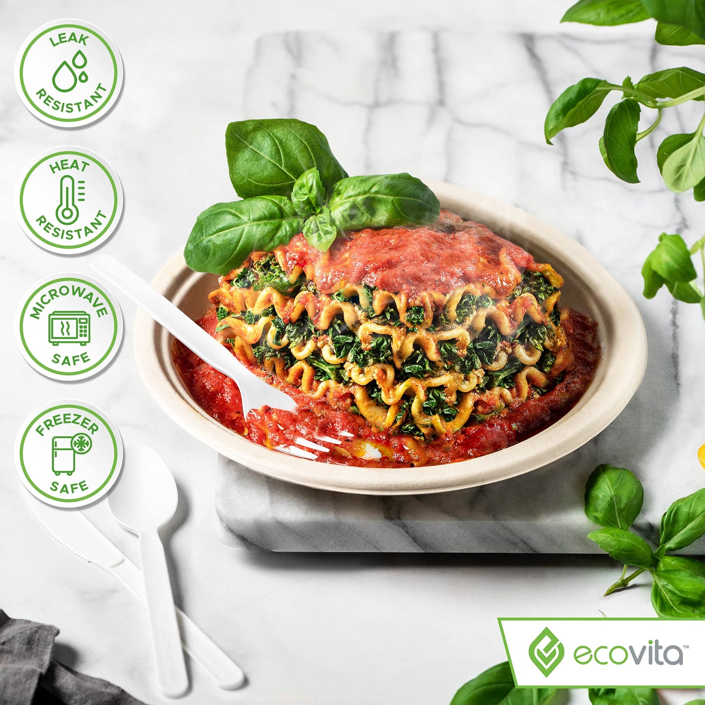 Ecovita 100% Compostable Paper Plates [9 in.] COMPARTMENTS - 150 Disposable Plates Eco Friendly Sturdy Tree Free Liquid and Heat Resistant Alternative
