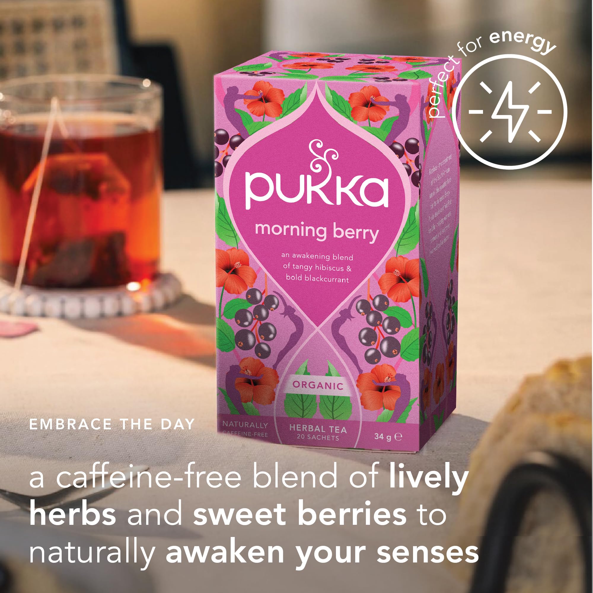 Pukka Morning Berry Organic Herbal Tea Bags, Caffeine Free Natural Energy, 20 Tea Bags